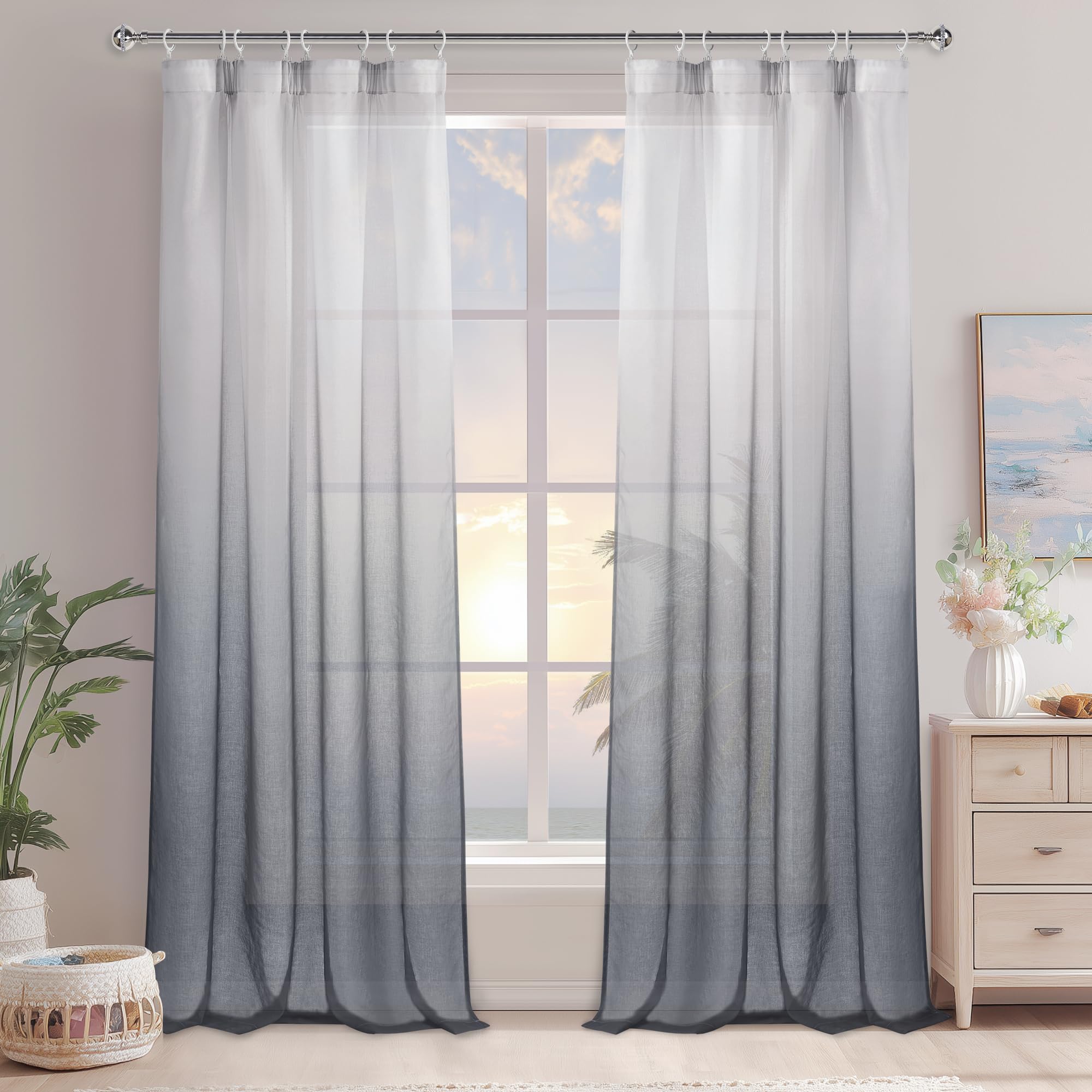 DWCN Gris Rideau Voile Rideaux Dégradé Voilés avec Ruban Fronceur Bicolores avec Système de Rail Transparent Aéré Long Sheer pour Salon de Fille Chambre de Garçon 140x260cm, Lot de 2
