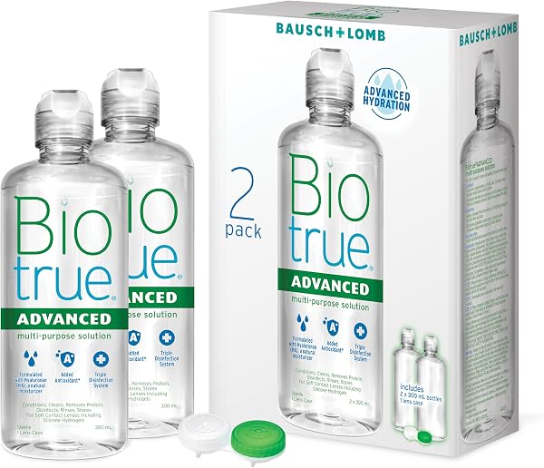 Close-up of Biotrue Advanced Multi-Purpose Solution bottles, highlighting the 300 mL pack size.