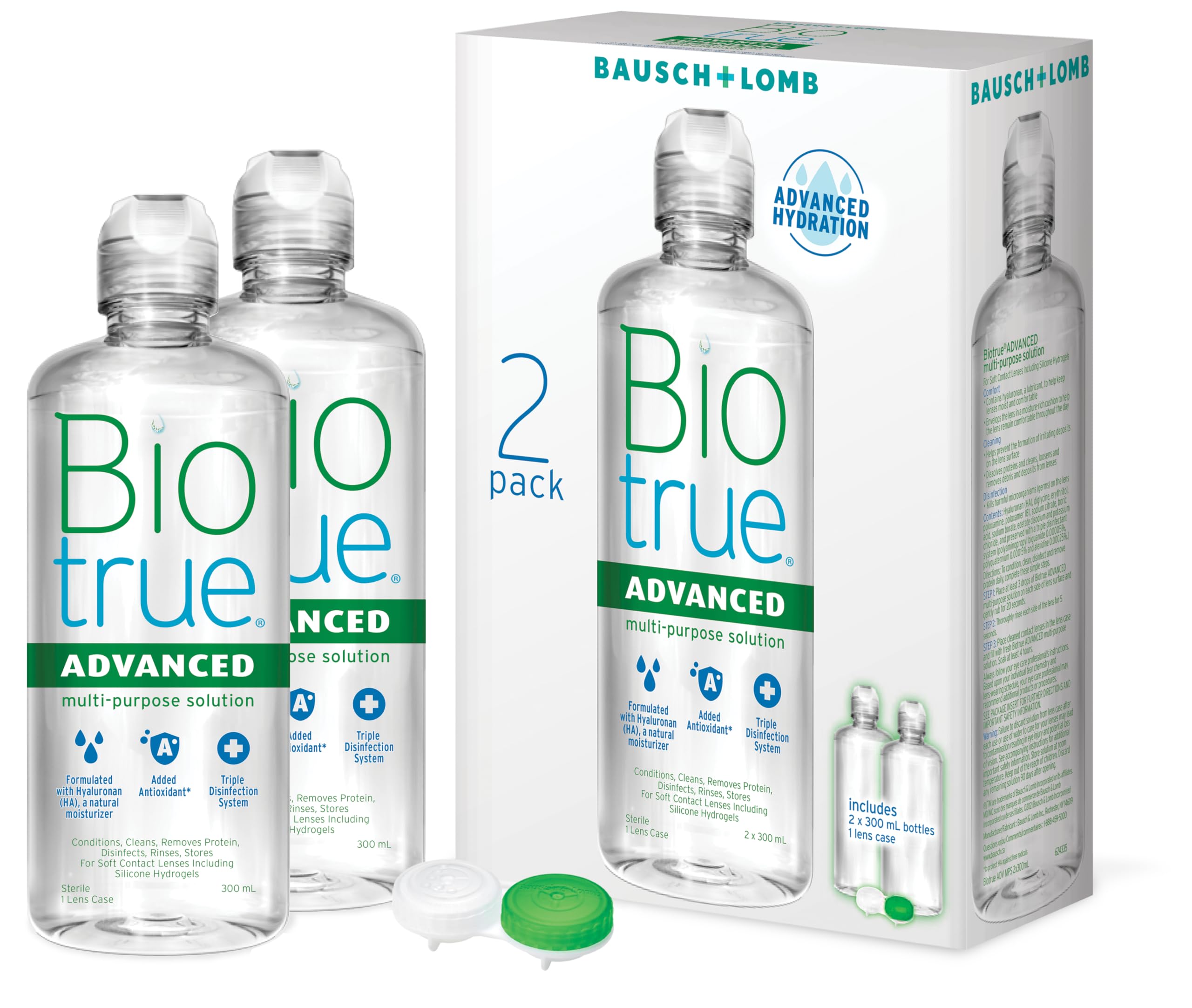 Close-up of Biotrue Advanced Multi-Purpose Solution bottles, highlighting the 300 mL pack size.