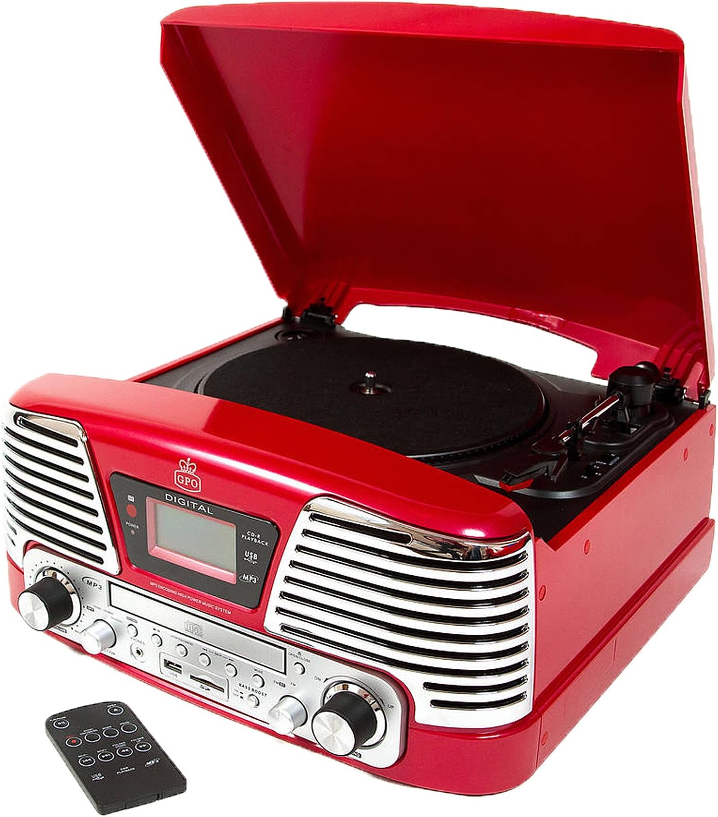 GPOMemphis 4-in-1 Music Centre with CD Player, FM Radio, Portable 3-Speed Record Player with Built-in Stereo Speakers, Vinyl Turntable Record Player, Red