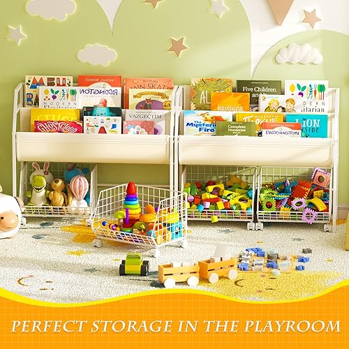 Miniatura 6 de Estantería infantil y almacenamiento de juguetes con 2 cestas enrollables con cerradura, estante pequeño para habitaciones de niños, estantería