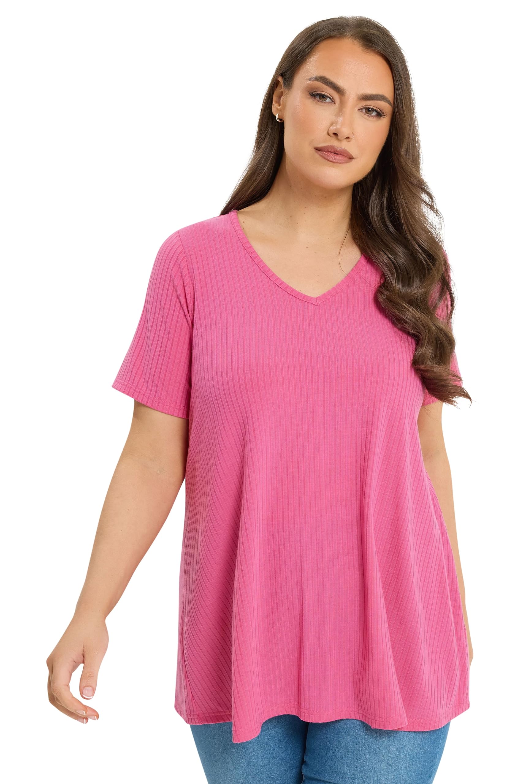 Yours Women's Bright Pink Curve Pink Ribbed Swing V-Neck T-Shirt - Plus Size Curve