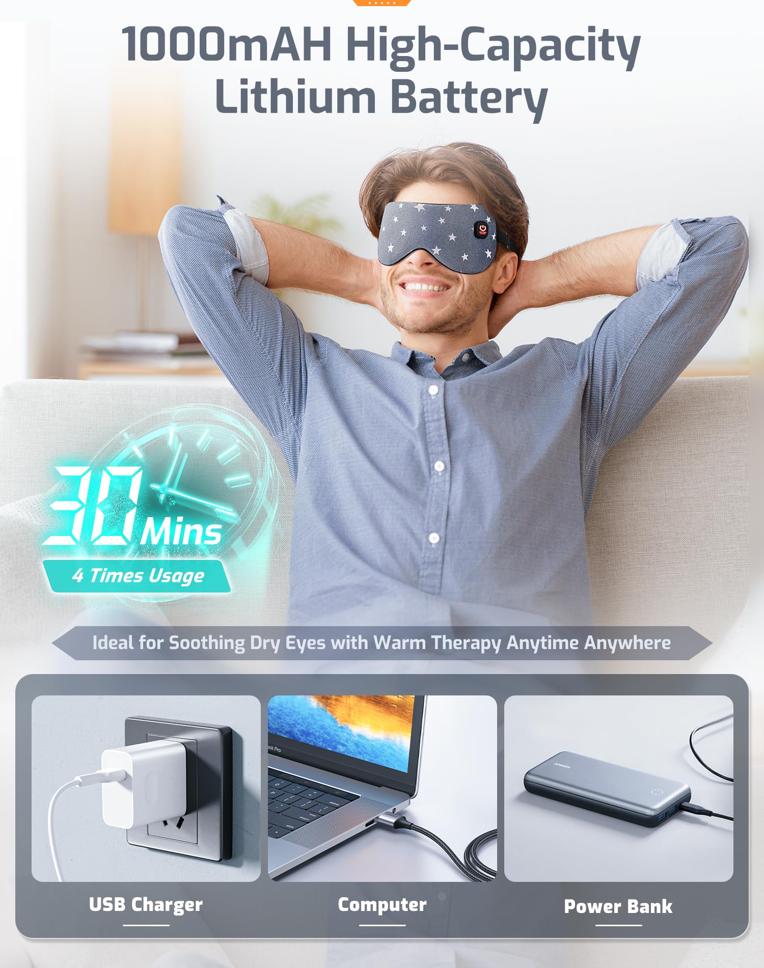 Máscara de ojos térmica, compresa de ojos cálida inalámbrica para ojos secos, blefaritis, máscara de ojos con bloqueo de luz para hombres y mujeres, máscara eléctrica cálida para dormir en avión,