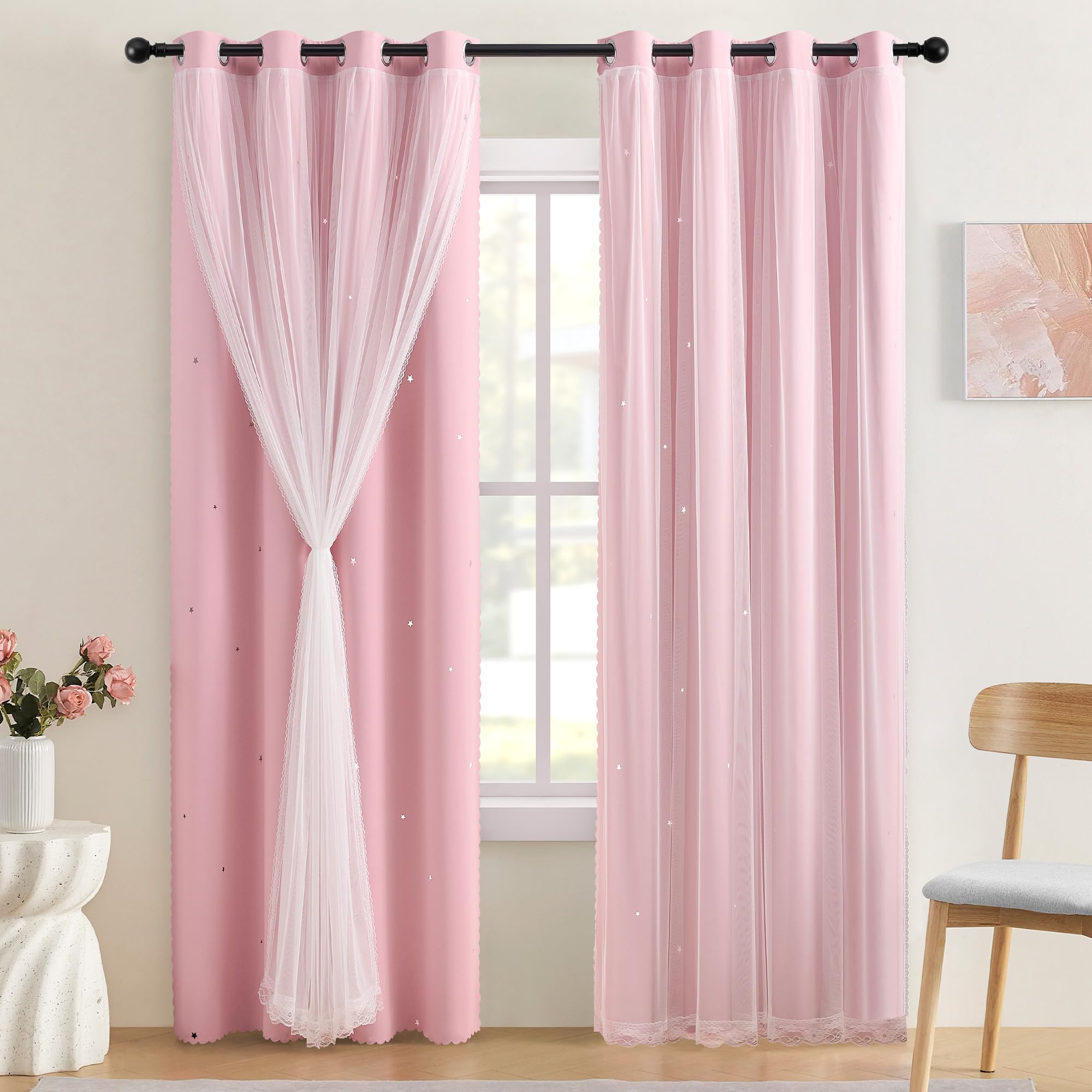 XiDi Pink Blackout Curtains with Sheer Overlay Mix and Match Double Layer 80% Room Darkening Window Treatment Set for Girls Bedroom Living Room Pink Star Drapes with Tiebacks Grommet Top 34" Wx96 Lx2