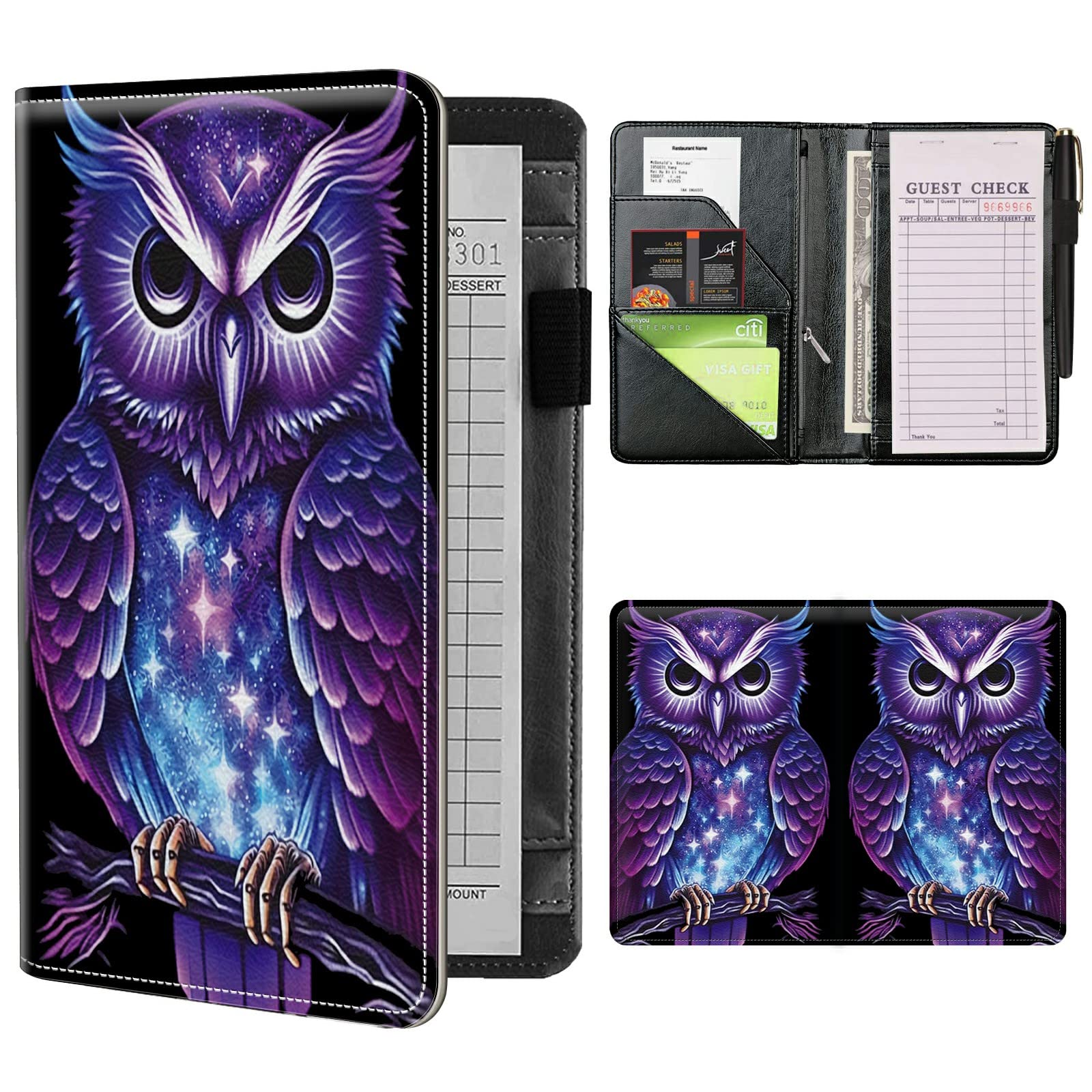Server Books for Waitress Waiter with Zipper Pocket, Purple Owl Leather Server Pads Waitstaff Organizer Guest Check Presenters Server Wallet Money Holder Pouch Fit Apron