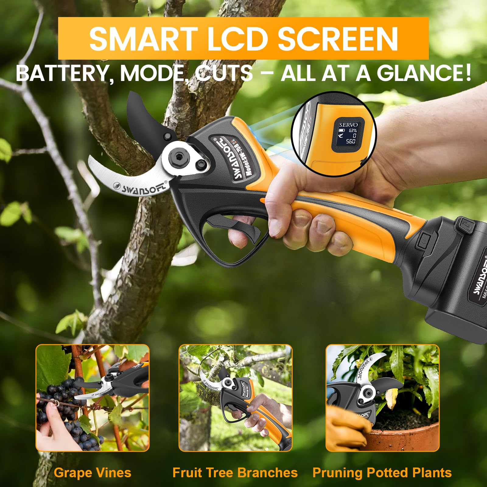 SWANSOFT Tijeras de Podar Eléctricas 40 MM, [Progresivo Mejorado+] 4000mAh Tijera de Podar Bateria 21V x2, Motor 1050W Electricas Profesionales Progresivas, Pantalla LCD (Amarillo)