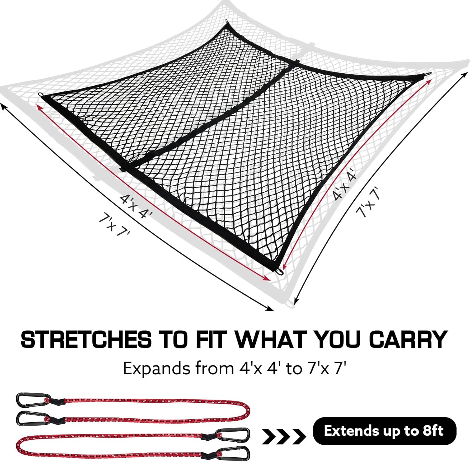 Cargo Net for Pickup Truck Bed, Stretchable 4'x4' to 7'x7' Fine Mesh Elastic Net Set with Heavy-Duty Iron Hooks & 2 Tie-Down Straps, Secure Truck Bed Cargo Netting for Pickup and Trailer Transport - Image 4