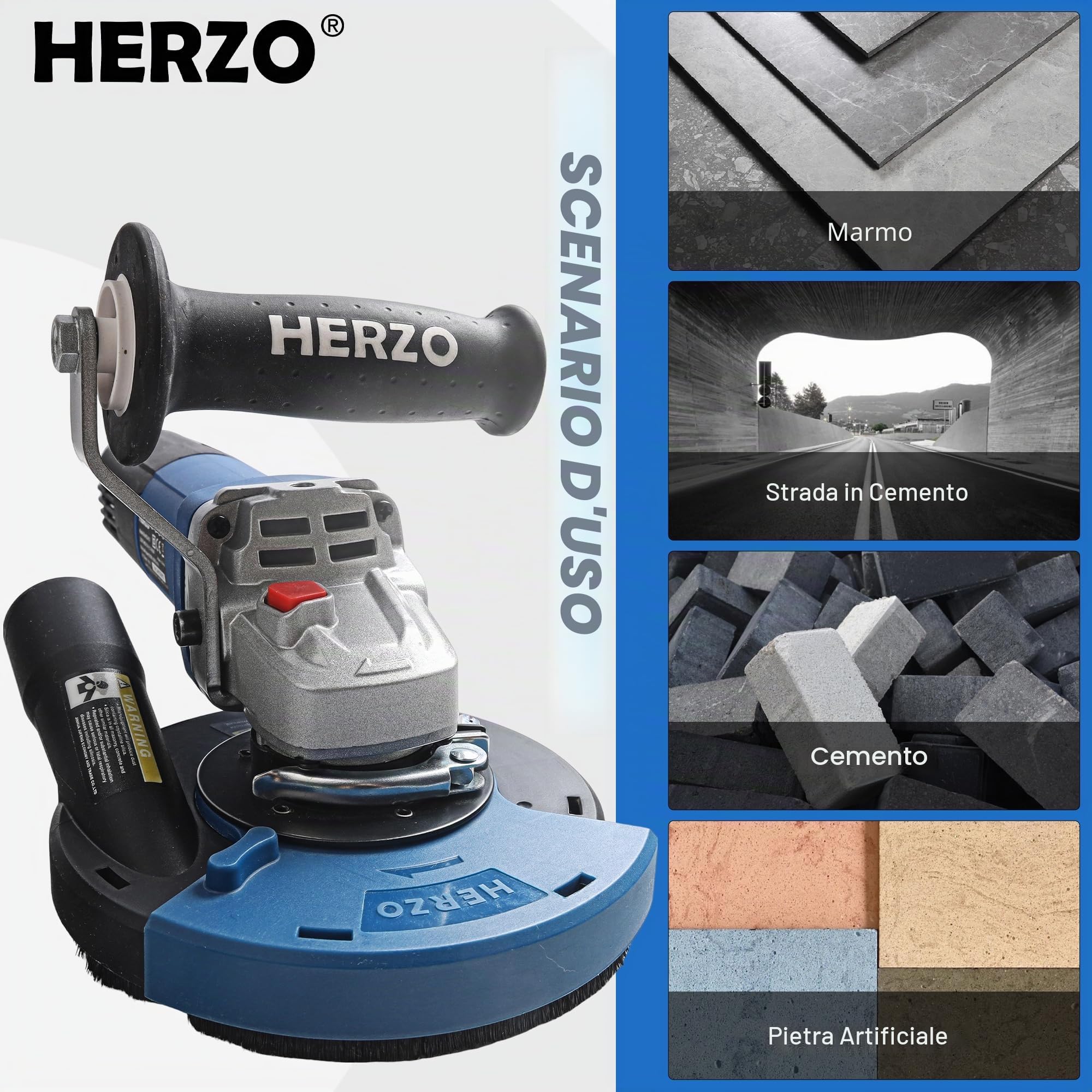 Smerigliatrice per calcestruzzo1400W,HERZO set con mola diamantata e cappa di aspirazione (125 mm)
