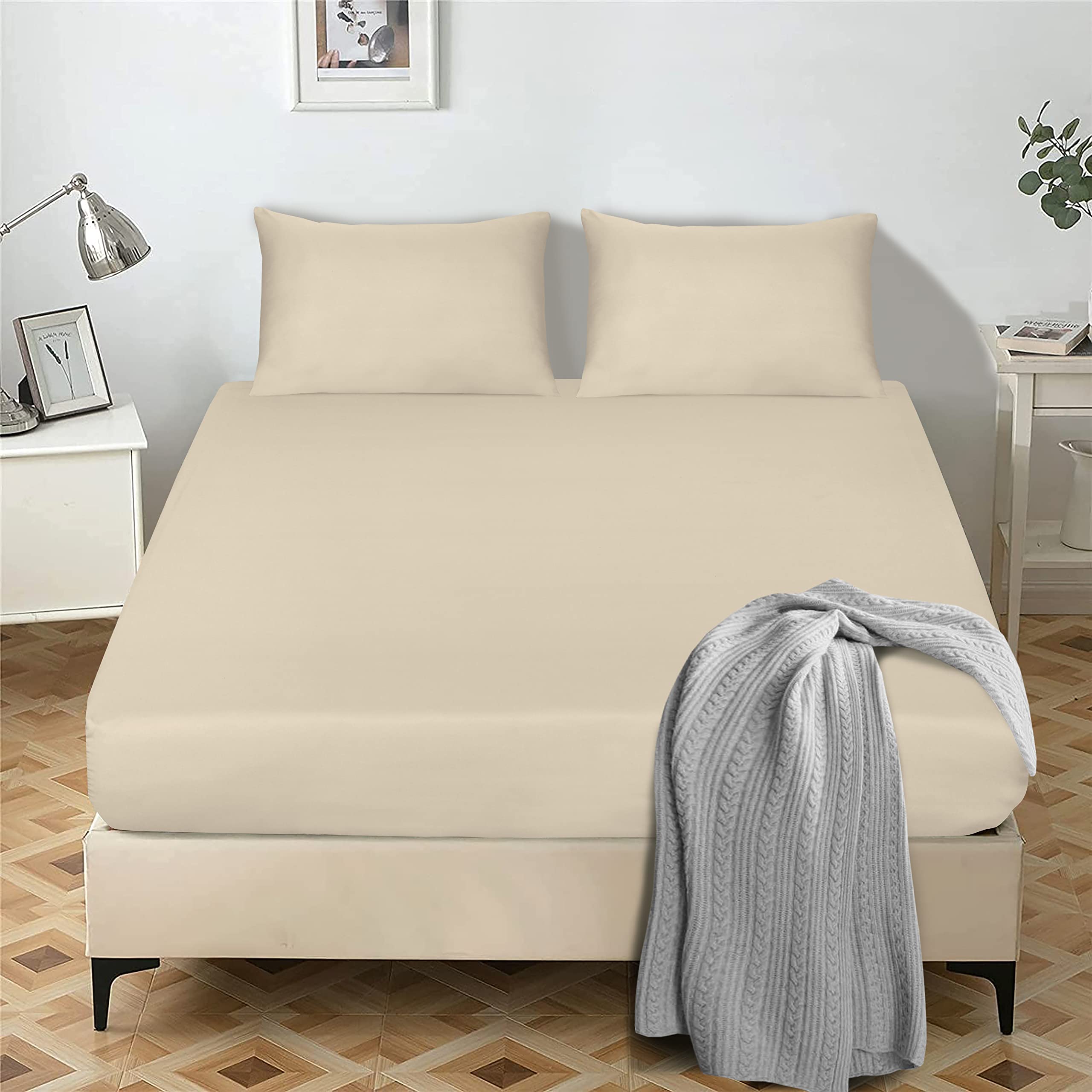 300 Thread count-100% Egyptian cotton Fitted Flat Sheets-Breathable-Hotel Quality Luxury bedding and linen- Super Soft-Plain Dyed Flat Fitted Sheet (Cream, Single Fitted Sheet) โ image 1