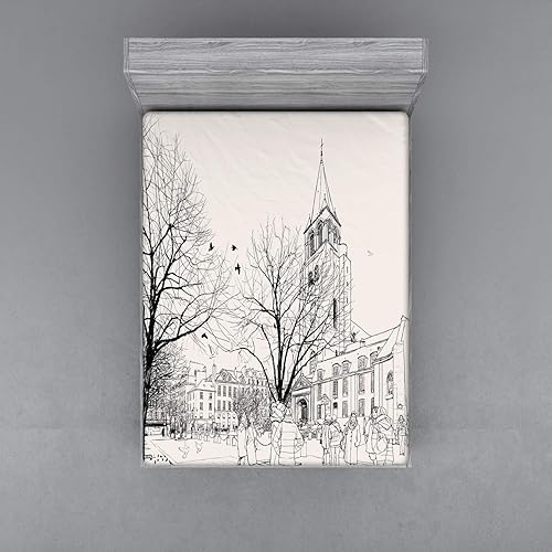 Miniatura 9 de Ambesonne Paris Fitted Sheet, People Passing by St-Germain-des-Pres Area Medieval Europe Parisian Winter, Bed Cover with All-Round Elastic Deep
