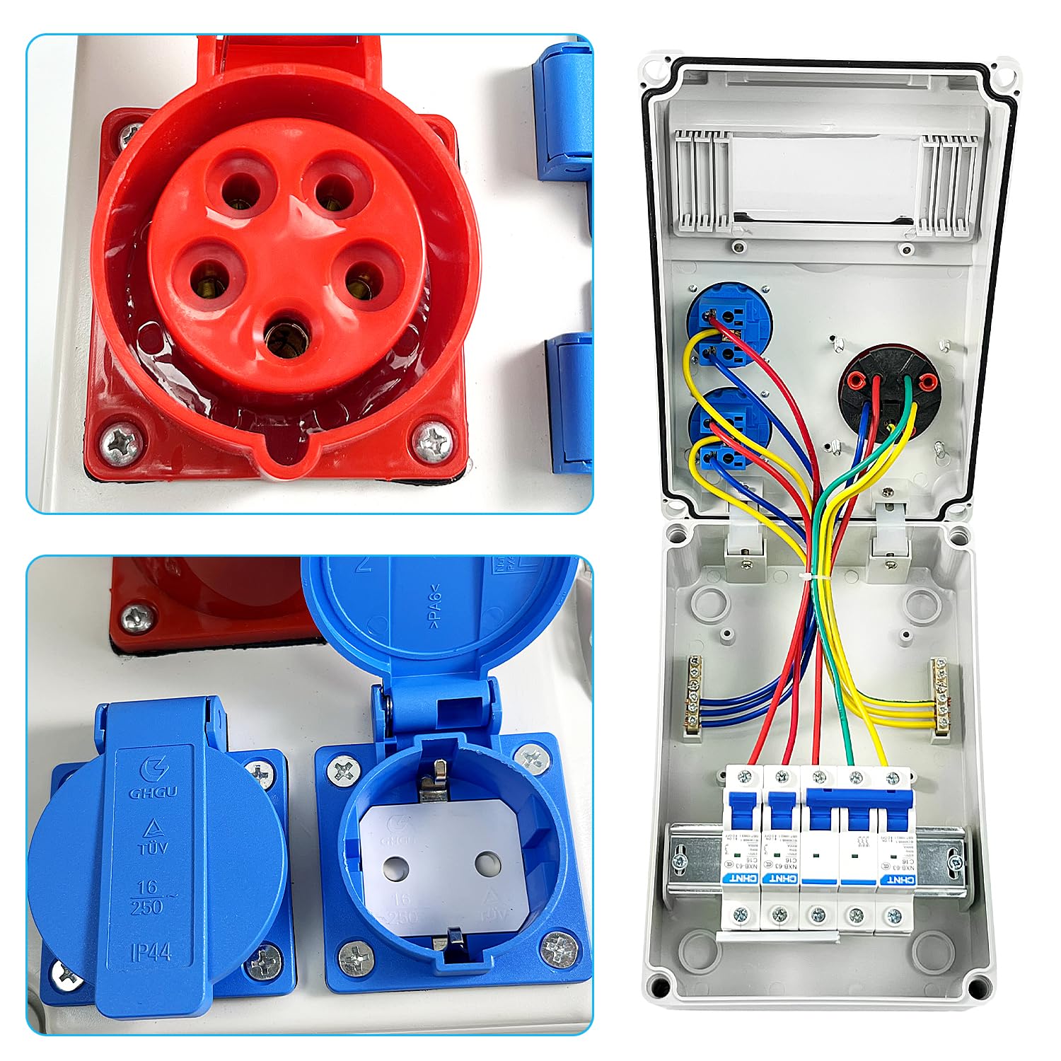 7 Piezas Cuadro Electrico Kit, Carcasa IP54 con Disyuntor de 16A, Toma 5P16A y Toma de 220V, Enchufe Pared Exterior Impermeable, para Taller, Industria, Industria de la Construcción