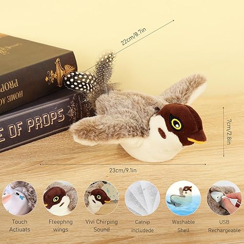 Miniatura 4 de Juguete interactivo para gatos y pájaros que cantan, alas aleteadas, recargable por USB, materiales seguros, uso en interiores, aroma de hierba