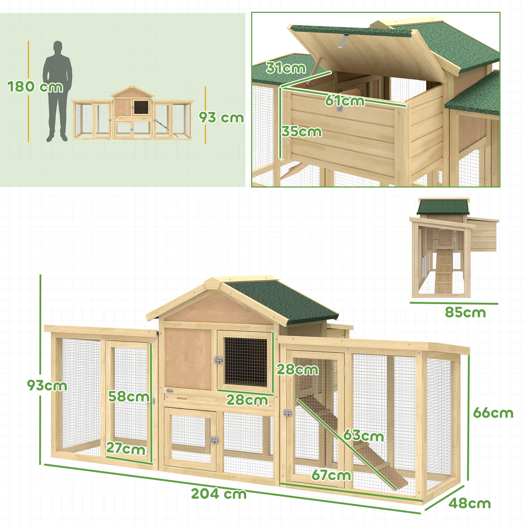 PawHut Poulailler clapier modèle Chalet Multi-équipé : rampes, nichoirs, perchoirs, Plateau excrément, fenêtre, Portes Bois Massif, Bois Naturel