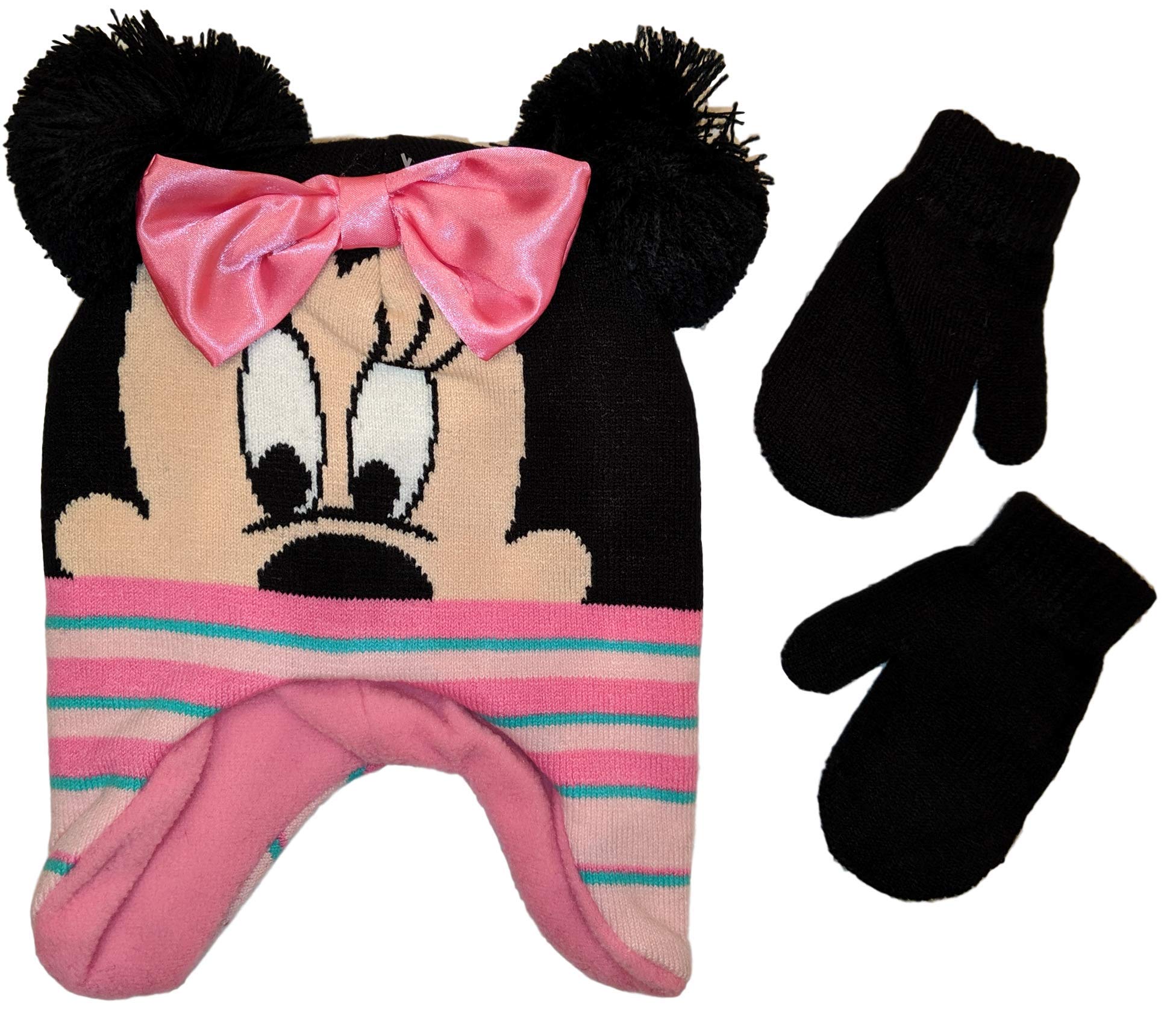 Disney Minnie Mouse Girls Big Face Beanie Winter Hat and Mittens Cold Weather Set, Age 2-4