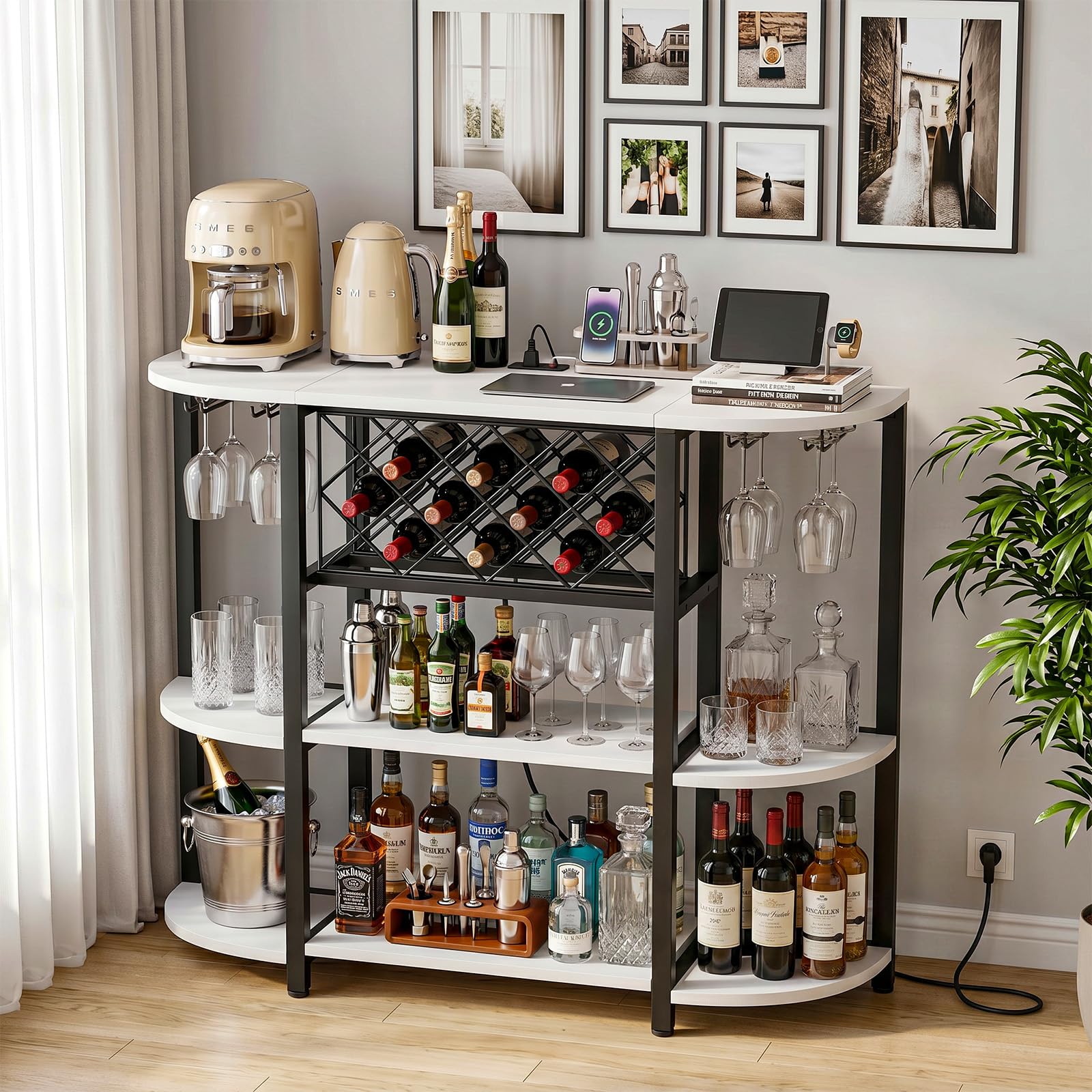 Homieasy Mobile Bar con LED, Prese e Portabottiglie | In Legno e Metallo, 120x40x91cm, Per Soggiorno e Cucina
