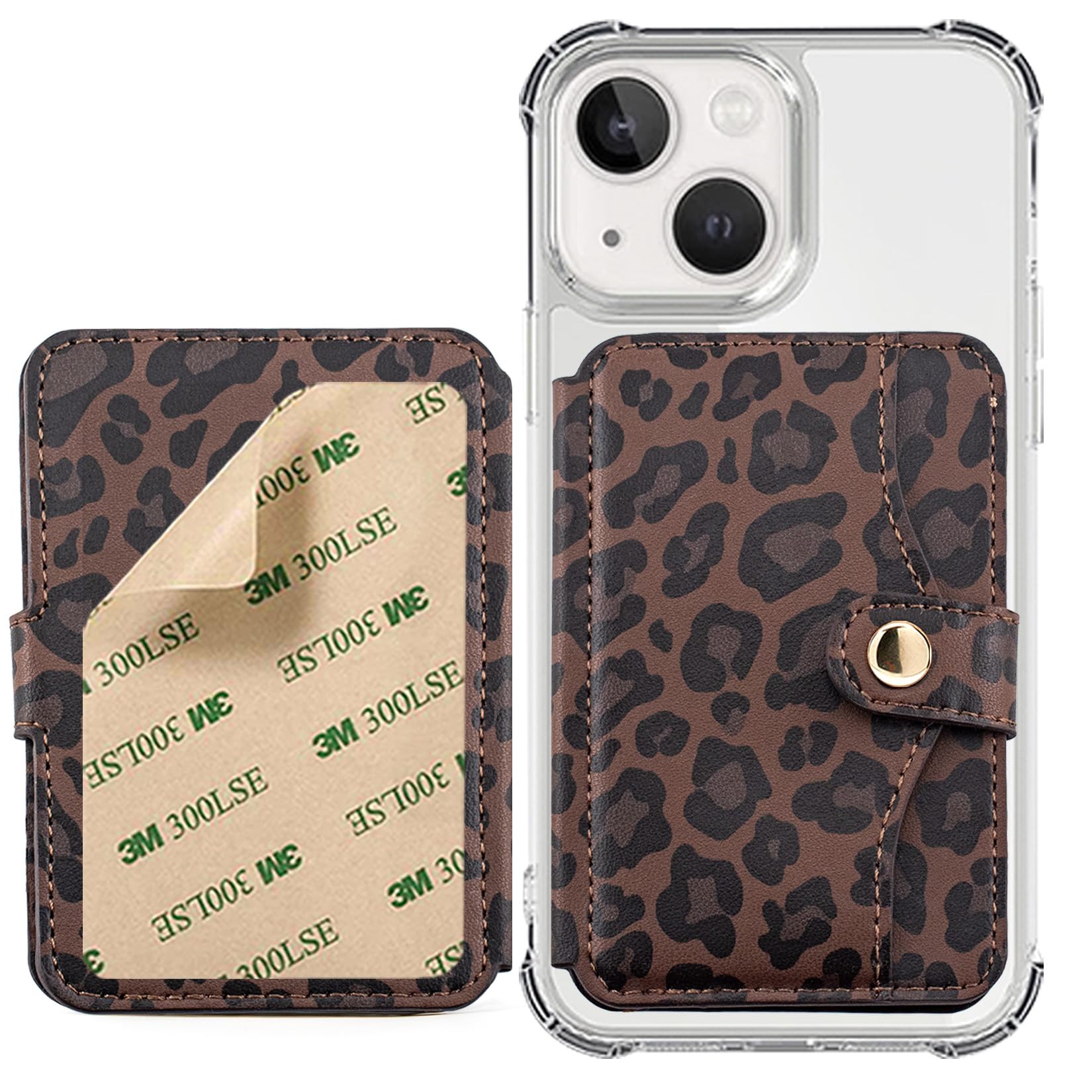 M-Plateau Credit Card Holder for Cell PhoneWith Slim 3M Adhesive Card Holder for Phone Case for iPhone 12& iPhone 13 Pro Max 6.1 Inches/One Plus 10T/Samsung Galaxy Most Smartphones (Leopard Print)