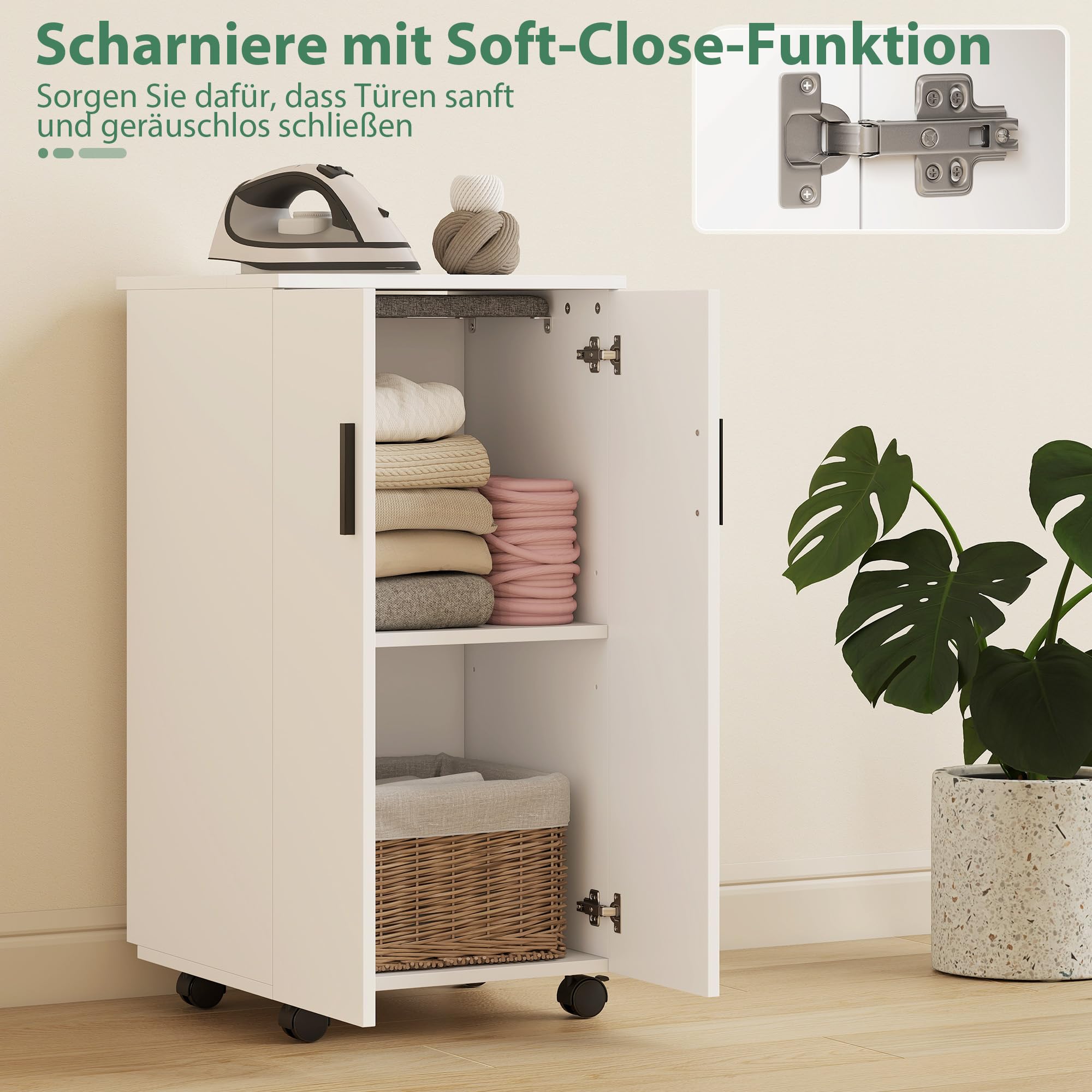 HOMCOM Faltbarer Bügelbrettschrank mit 2 Türen 99,5 x 43 x 83 cm Weiß | Verstellbare Regale, Klappbarer Bügeltisch, Rollen, Aufbewahrung, Soft-Close-Scharniere, für Waschküche