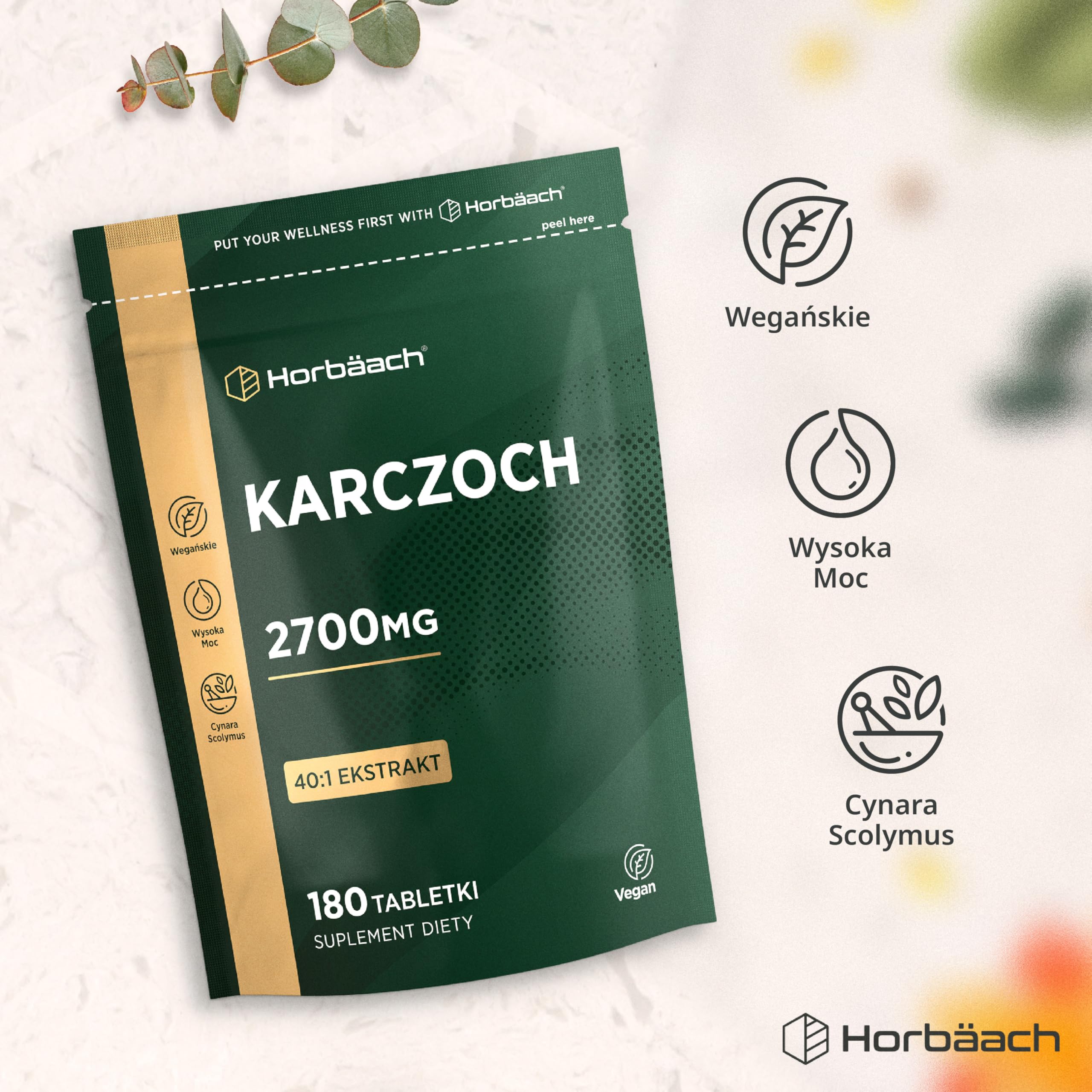 Karczoch Tabletki 2700mg | Wysokiej Mocy Ekstrakt z Karczocha | 180 Tabletek Wegańskich | marki Horbaach
