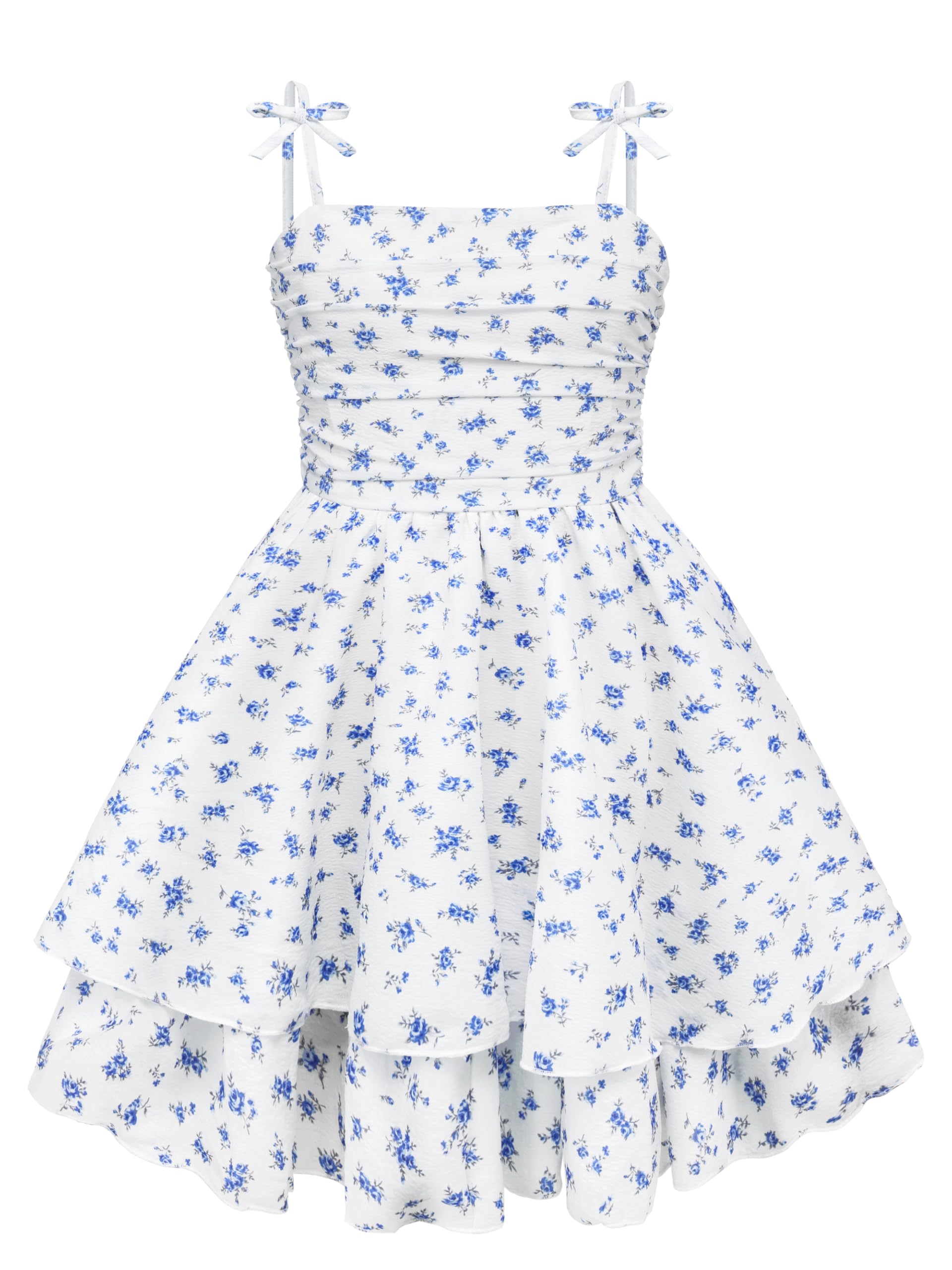 Photo 1 of ***Straps broken***Cubear Girls' Summer Dress with Bow Straps & Tie Back, Layered Flowy Sundresses for 8-16 Years Blue Floral