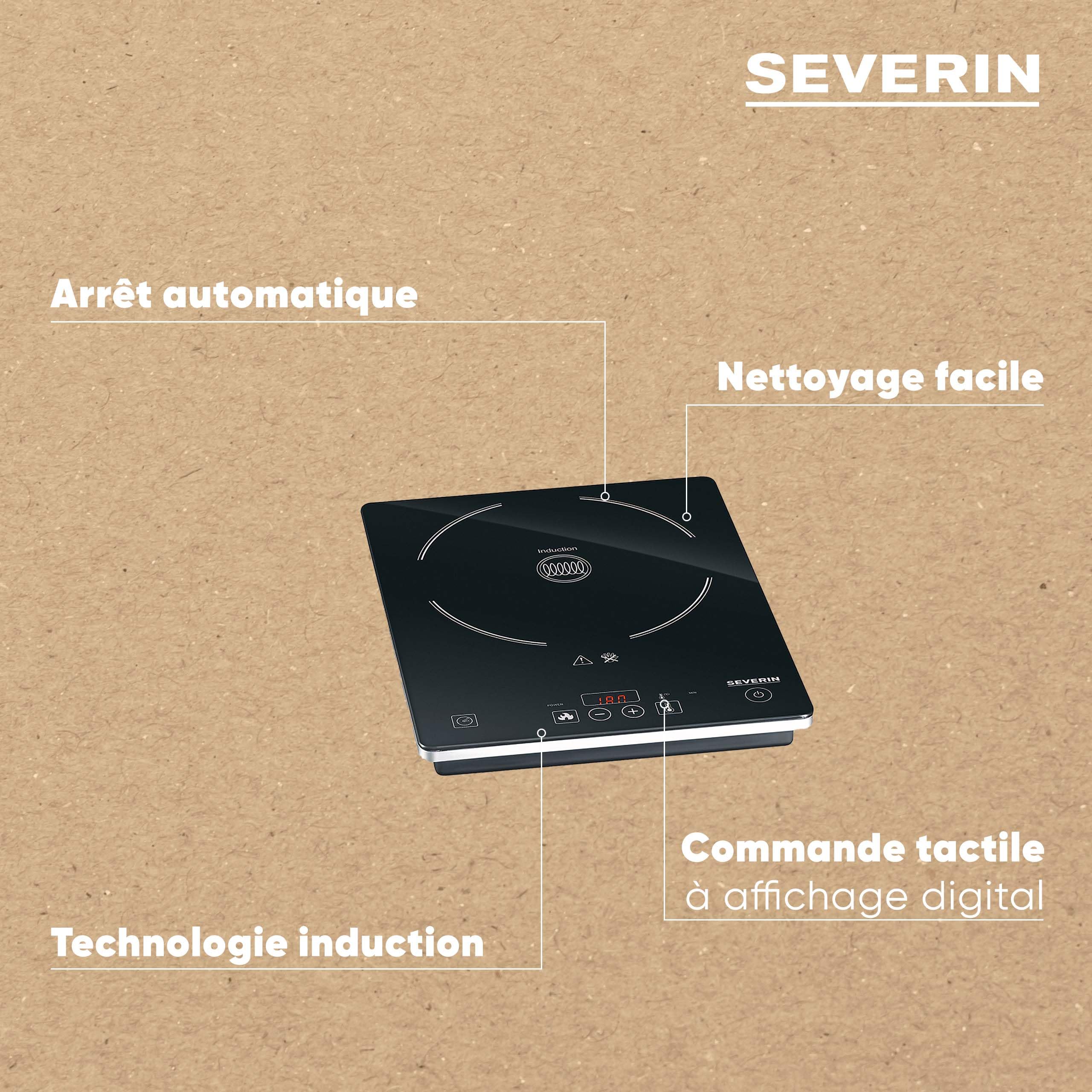 SEVERIN Plaque à induction 2 000 W, Plaque de cuisine simple pour une cuisson rapide des aliments, Plaque en revêtement vitrocéramique avec thermostat réglable jusqu’à 240°C, noir, KP 1071
