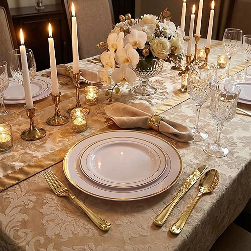 Miniatura 4 de Supernal 102 platos de plástico blanco y dorado, platos desechables resistentes, juego de vajilla de plástico dorado elegante incluye 51 platos de