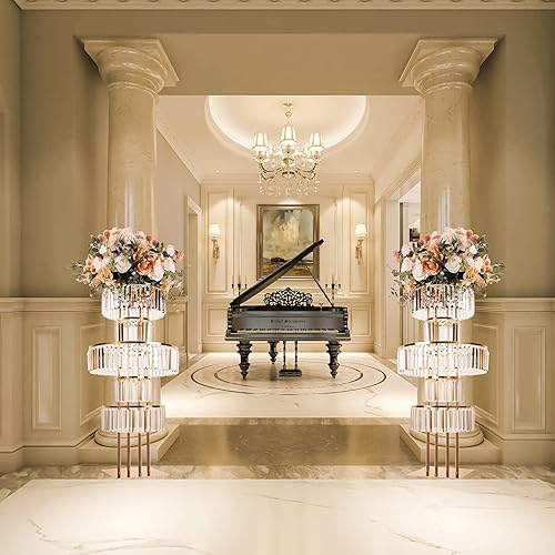 Miniatura 8 de Bigsee Jarrones dorados para boda, centro de mesa, soporte de flores de cristal con cristales colgantes, soporte de pedestal redondo de 5 niveles