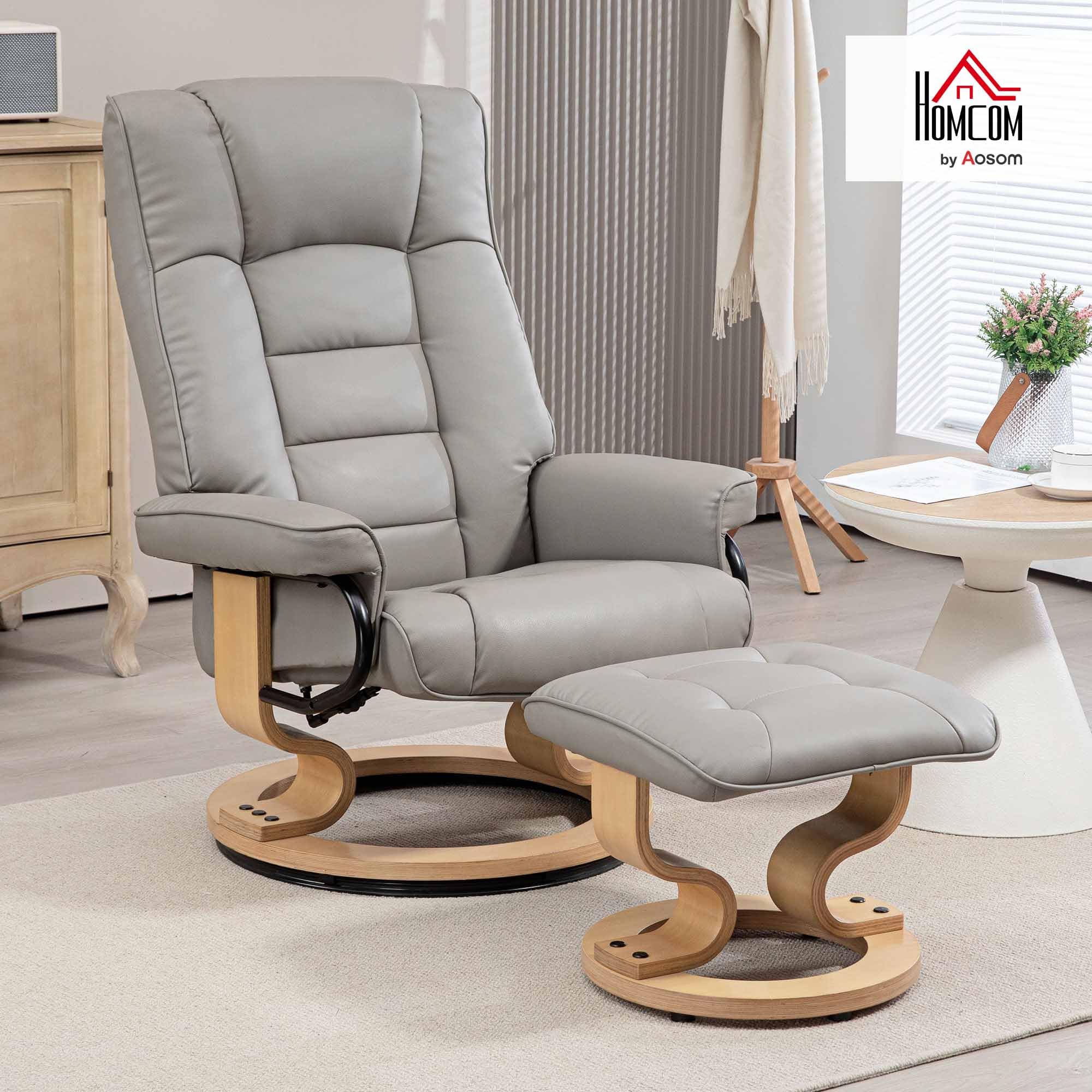 HOMCOM Sillón reclinable con otomana 360° Giratorio, Gris | Respaldo alto, estructura de madera, sillón de TV, reclinable, cuero sintético, para salón