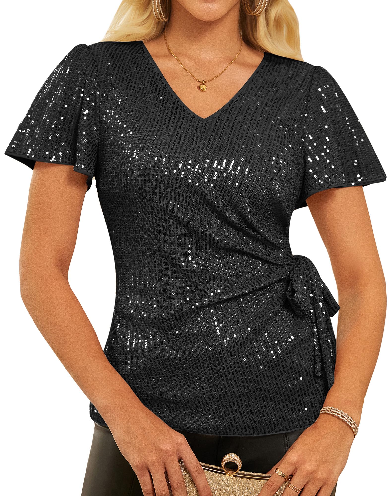 GRACE KARIN Damen Pailletten Oberteil Elegantes Glitzer Party Tops Festliche Blusen Kurzarm Tunika Shirts