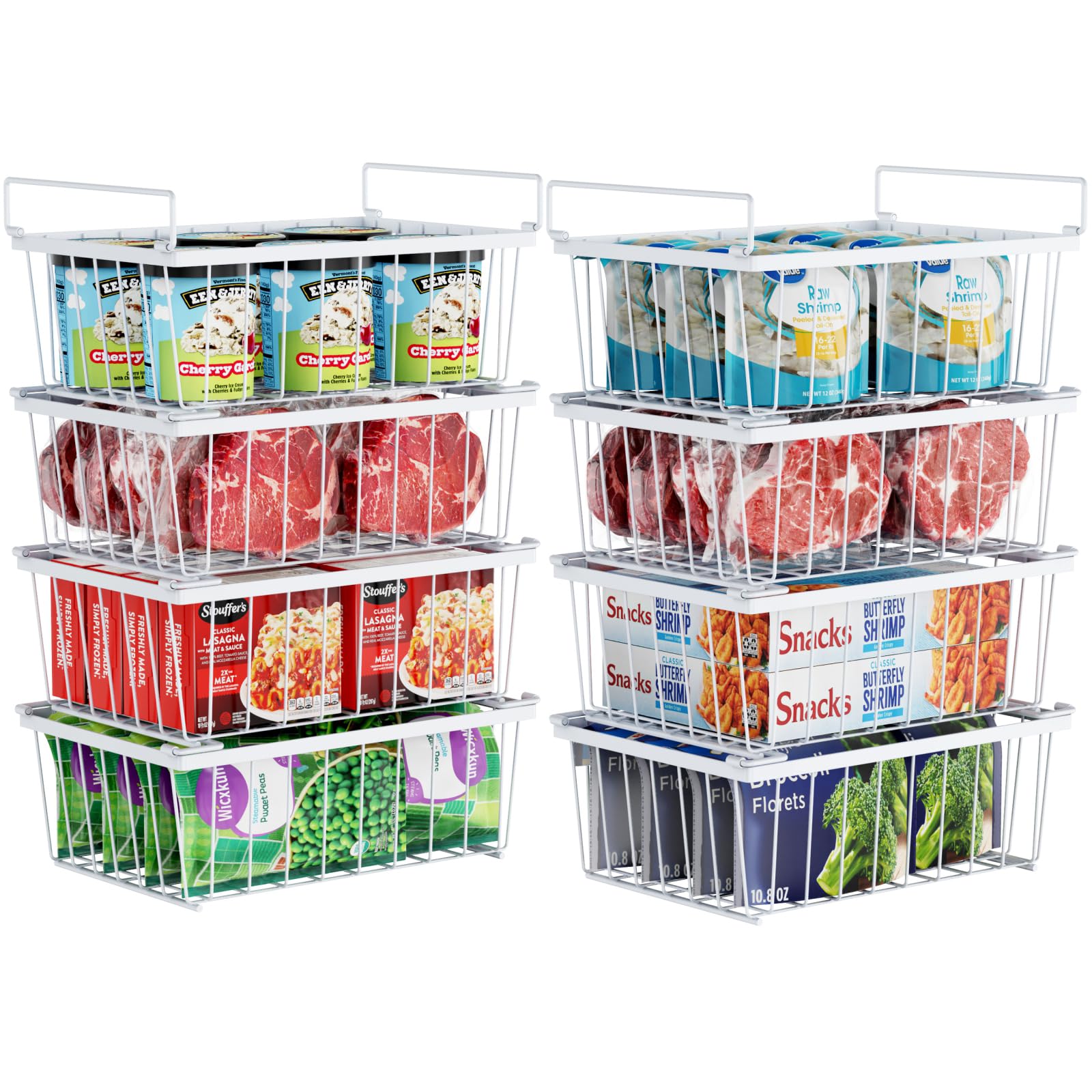 iSPECLE Chest Freezer Organizer Bins - 8 Pack Stackable Freezer Organizer for 5 to 7 Cu.Ft Freezer and Upright Freezer Over 8.5 Cu.Ft, Easy Get Food from Bottom, Add Extra Storage Space, White
