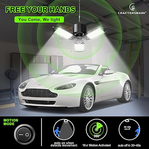 Miniatura 2 de Luz de garaje con sensor de movimiento, luz LED de garaje de 80 W, luz LED enlazable de 8000 lúmenes, luces de garaje activadas por movimiento con