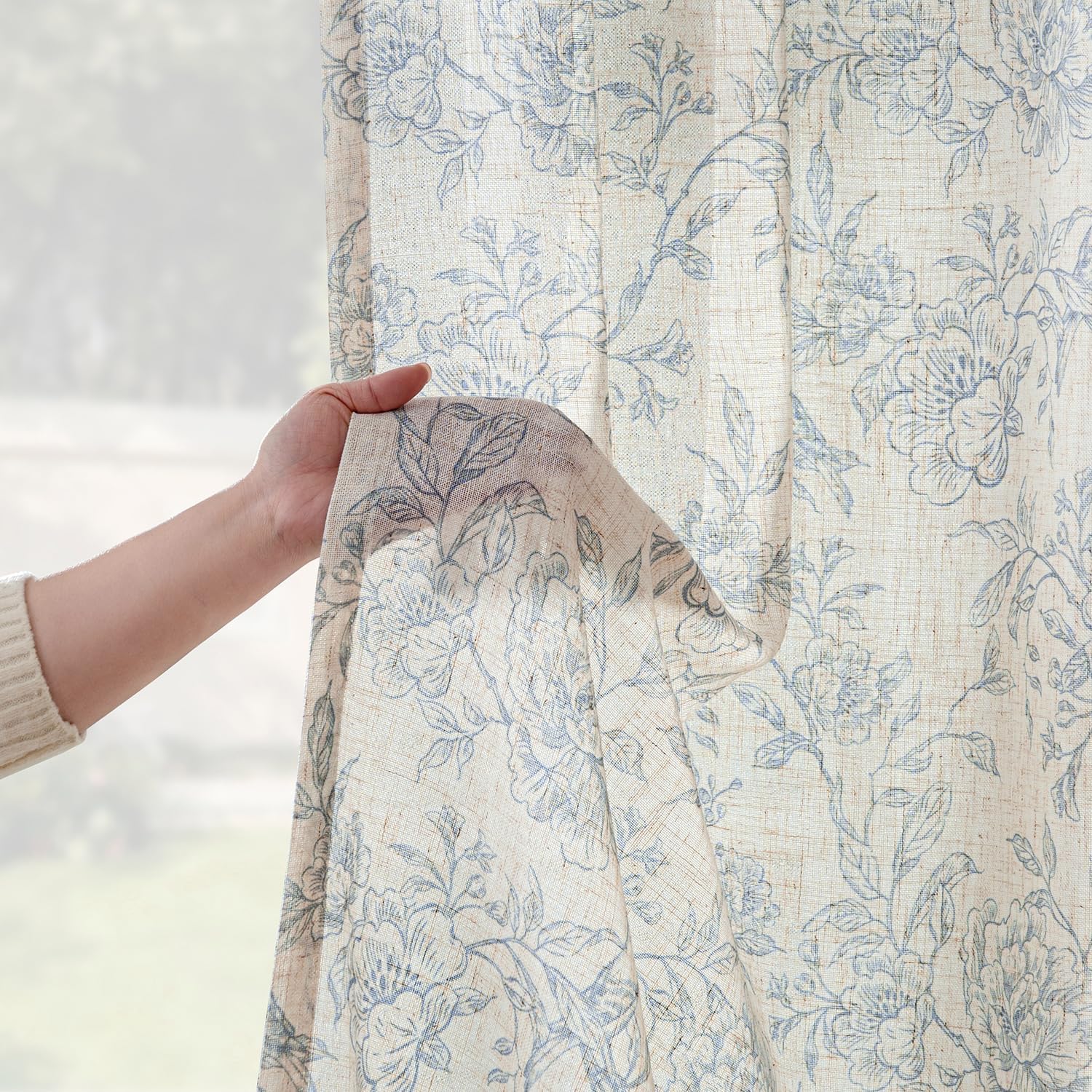 VISIONTEX Linen Floral Curtains for Living Room 96 Inch Length 2 Panels Farmhouse Curtain Neutral Blue Flower Pattern Printed Curtains Rod Pocket Back Tab Drapes Bedroom Window Curtains Set
