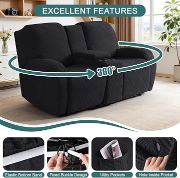 Ruaozz Stretch Loveseat Recliner Cover with Console, Black | 4-Piece Set, Washable Soft Jacquard Recliner Sofa Covers, Furniture Protector with Elastic Bottom Straps, Side Pockets