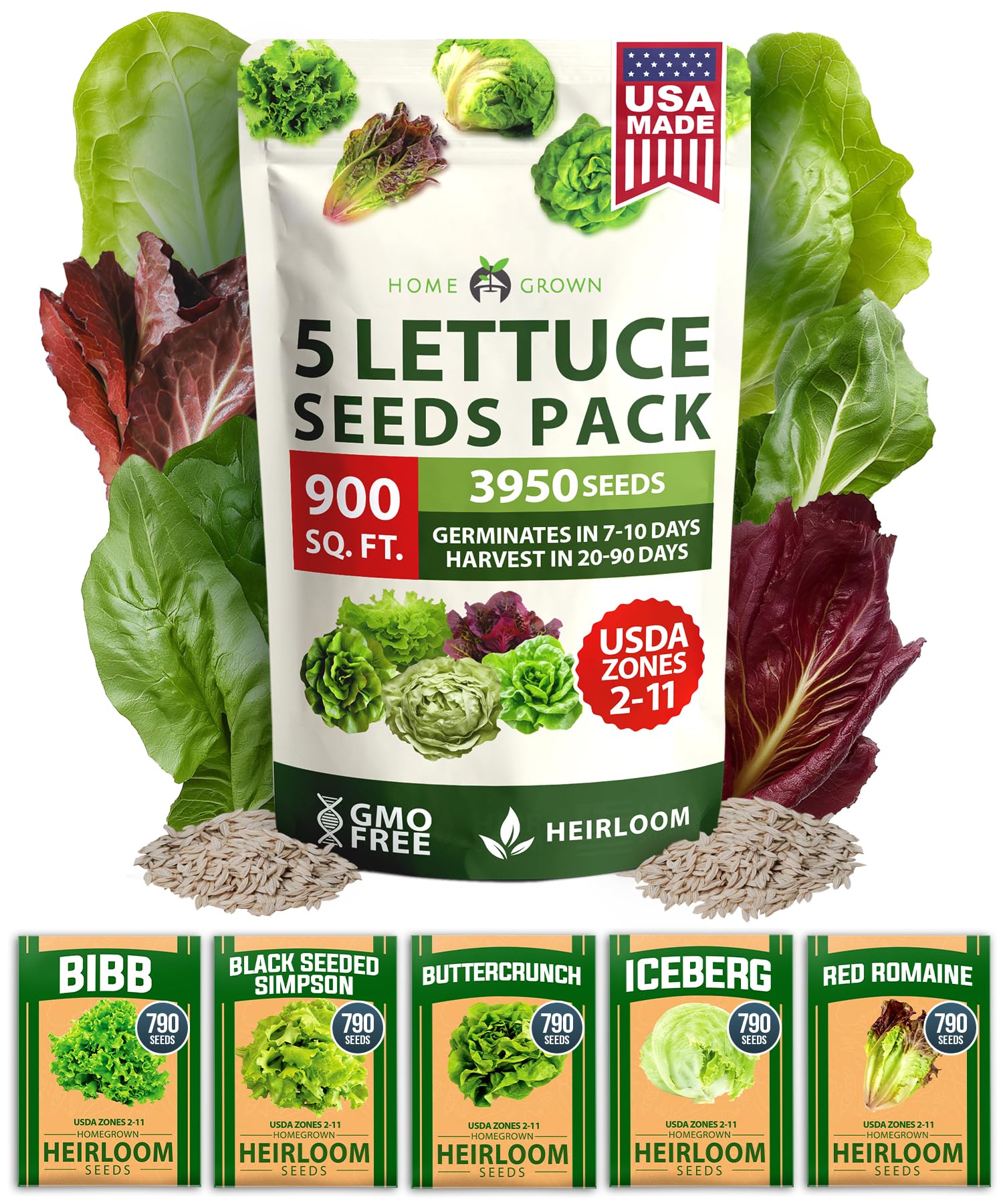 HOME GROWN Lettuce Seeds 5 Variety Mix 3950+ Bulk Pack (Lactuca Sativa)