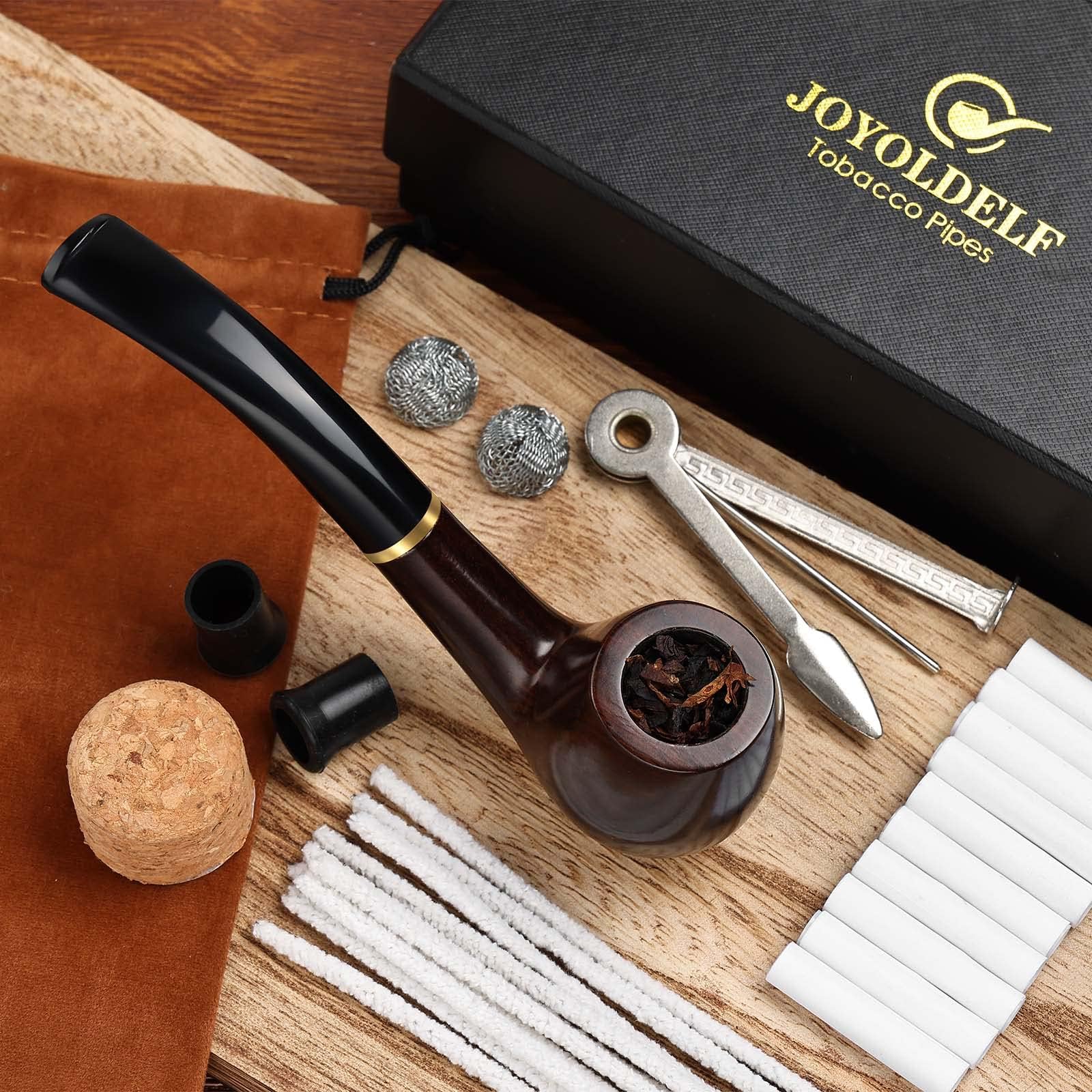 Joyoldelf Pipa in Legno, Set di Pipa per Tabacco in Ebano, Set di Pipe da Fumo per Principianti con Scatola Regalo e Accessori