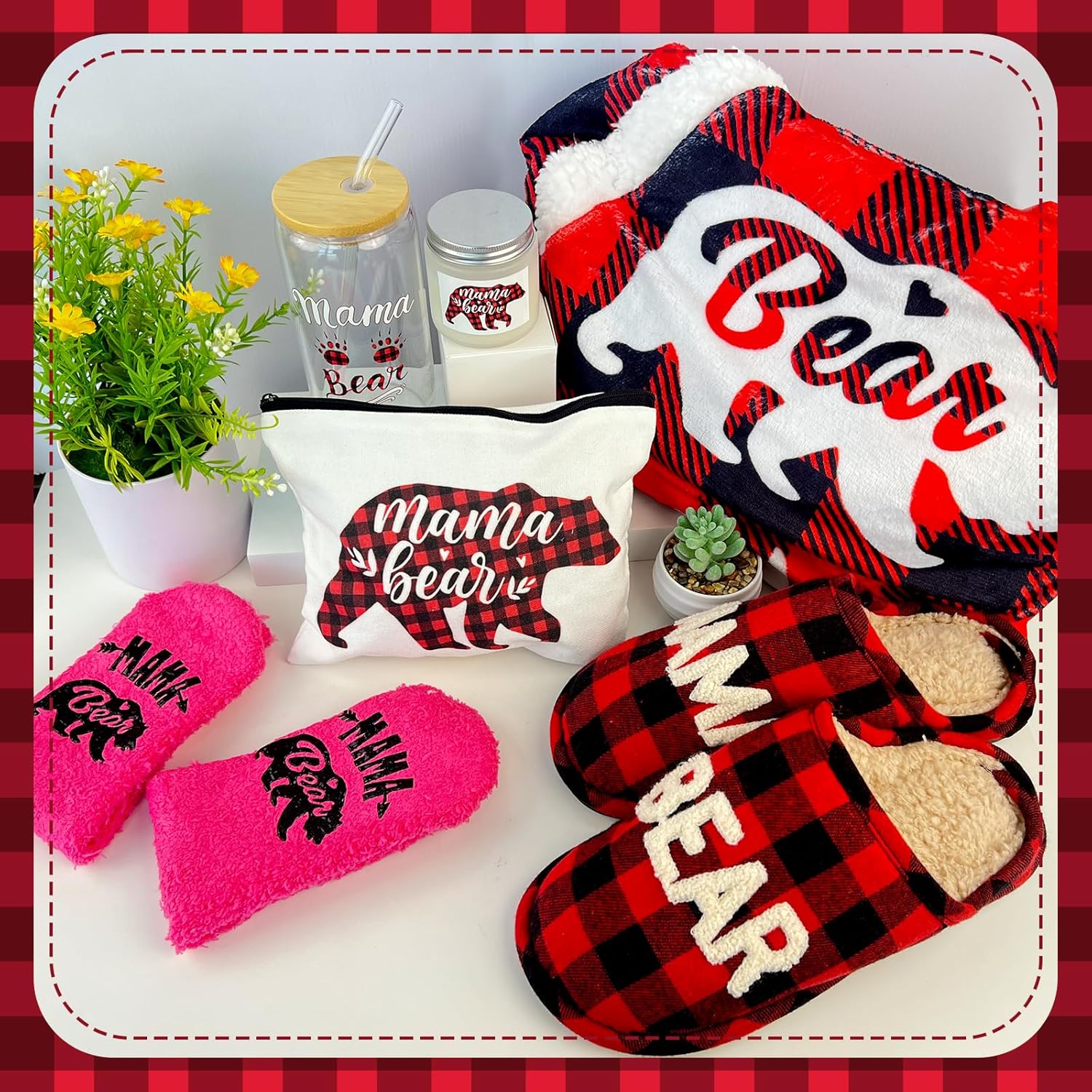 6 Pcs Mama Bear Gifts for Mom Include Cup Slippers Wearable Hoodie Aromatherapy Candle and Makeup Bag for Mother's Day Birthday Christmas Thanksgiving Gifts from Daughter Son (Slippers 7-8)
