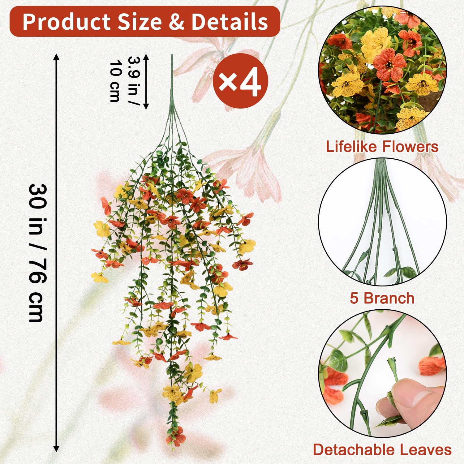 4 Pcs Artificial Hanging Flowers for Outdoor Decor, Fake Hanging Plants UV Resistant Realistic Yellow Orange Fake Hanging Flowers for Outside Garden Porch Spring Summer Decor - Image 2