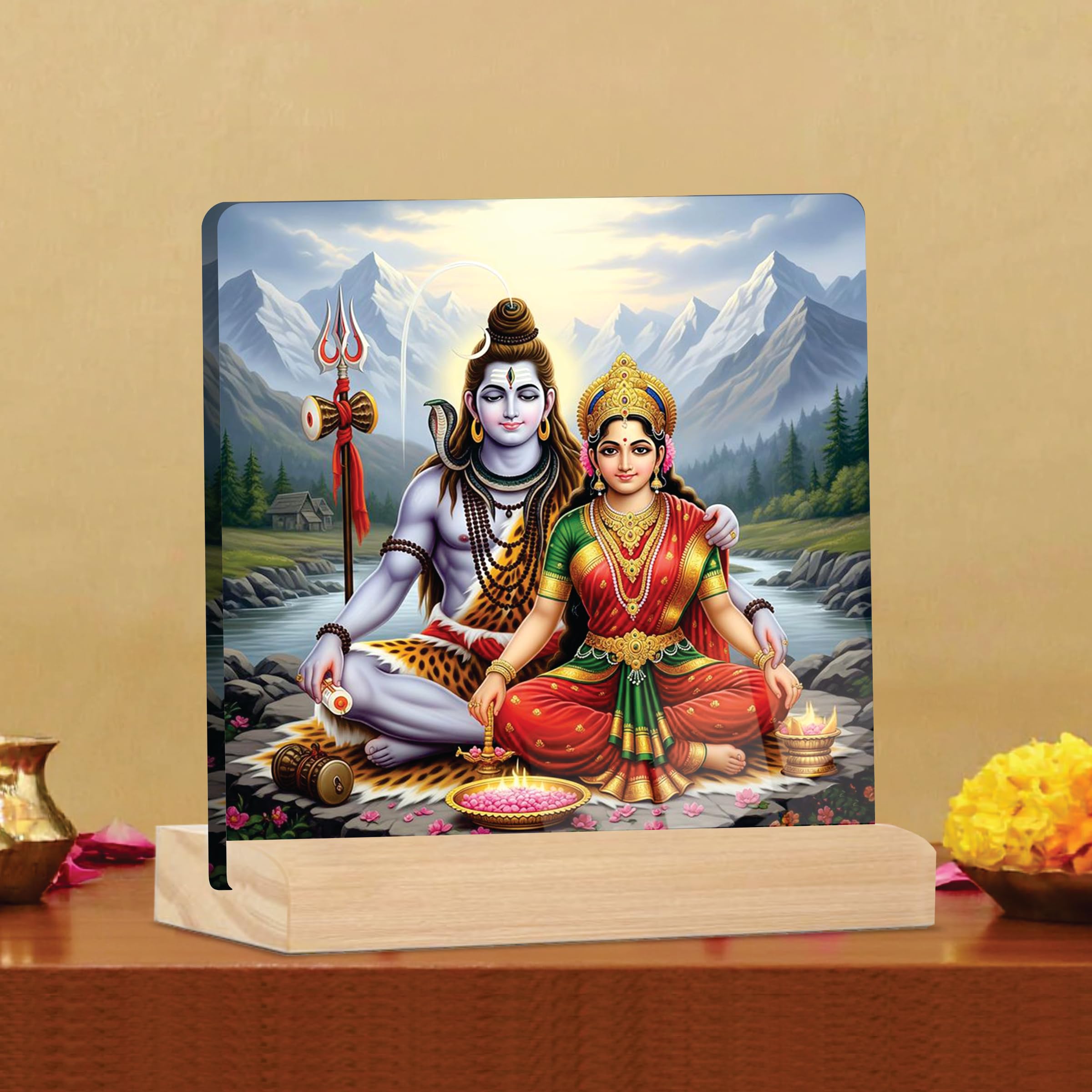 Giftplease Placa Parvati del Señor Divino Shiva y la Diosa con soporte de madera, marco de fotos religioso para el templo del hogar, habitación Pooja, oficina y regalo espiritual para inauguración de