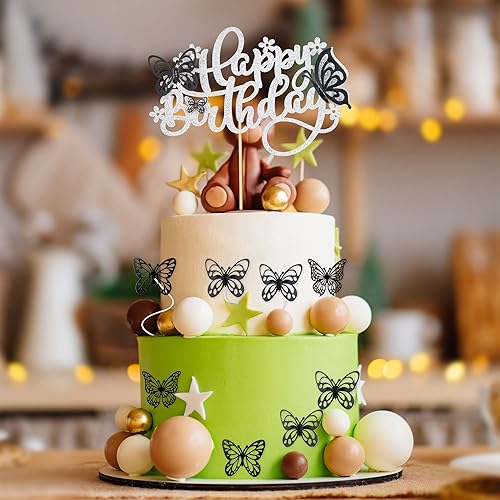 Miniatura 6 de 25 adornos para tartas de mariposa de oro rosa y rosa  1 adorno grande de feliz cumpleaños y 24 adornos 3D de mariposa de oro rosa para cupcakes