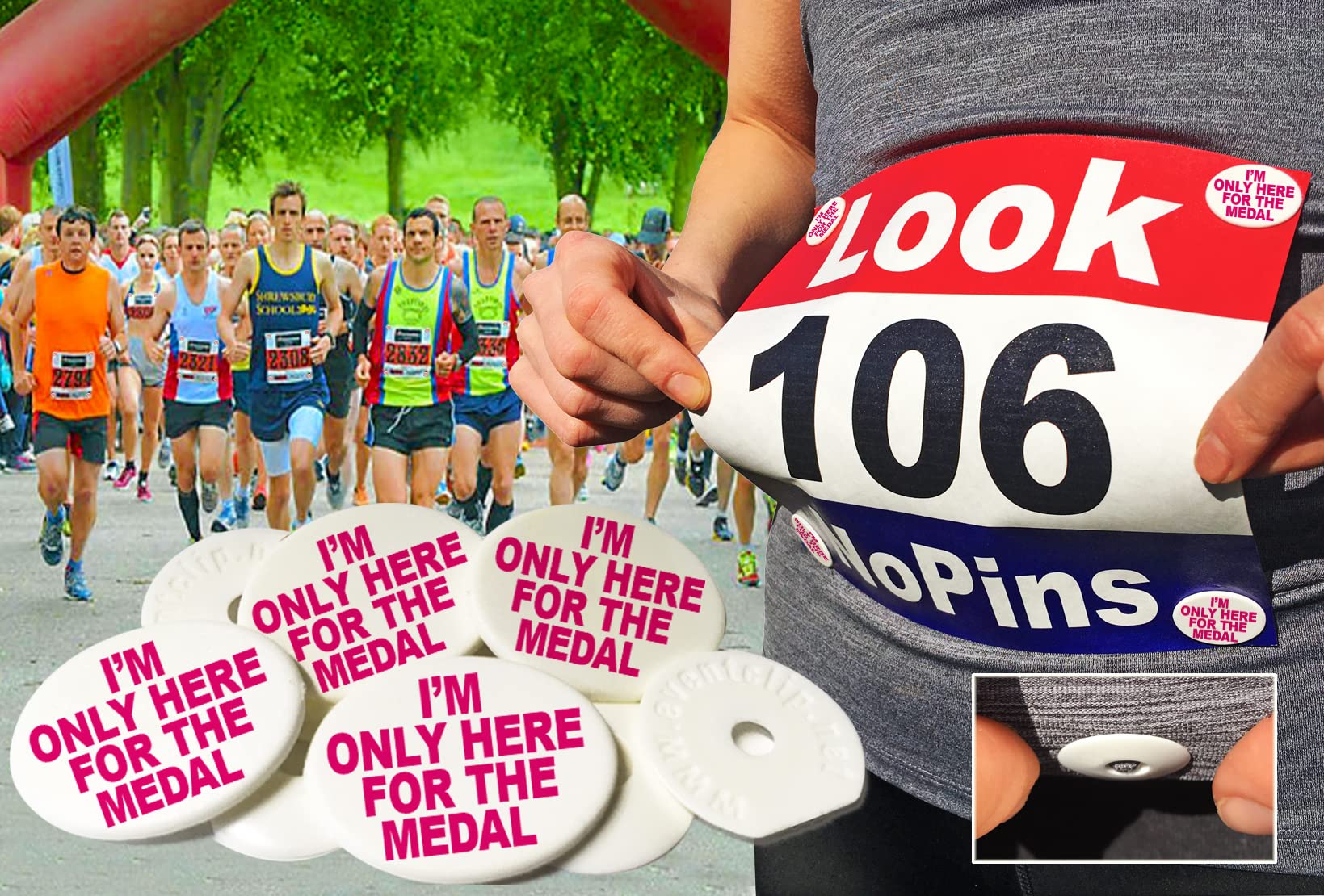 EventClip Race Bib Clips X 4 - I’m Only Here for The Medal. Snap-Lock for Securing Running and Cycling Numbers. Recycled Plastic The Original Est 2012. Far better than Magnets.