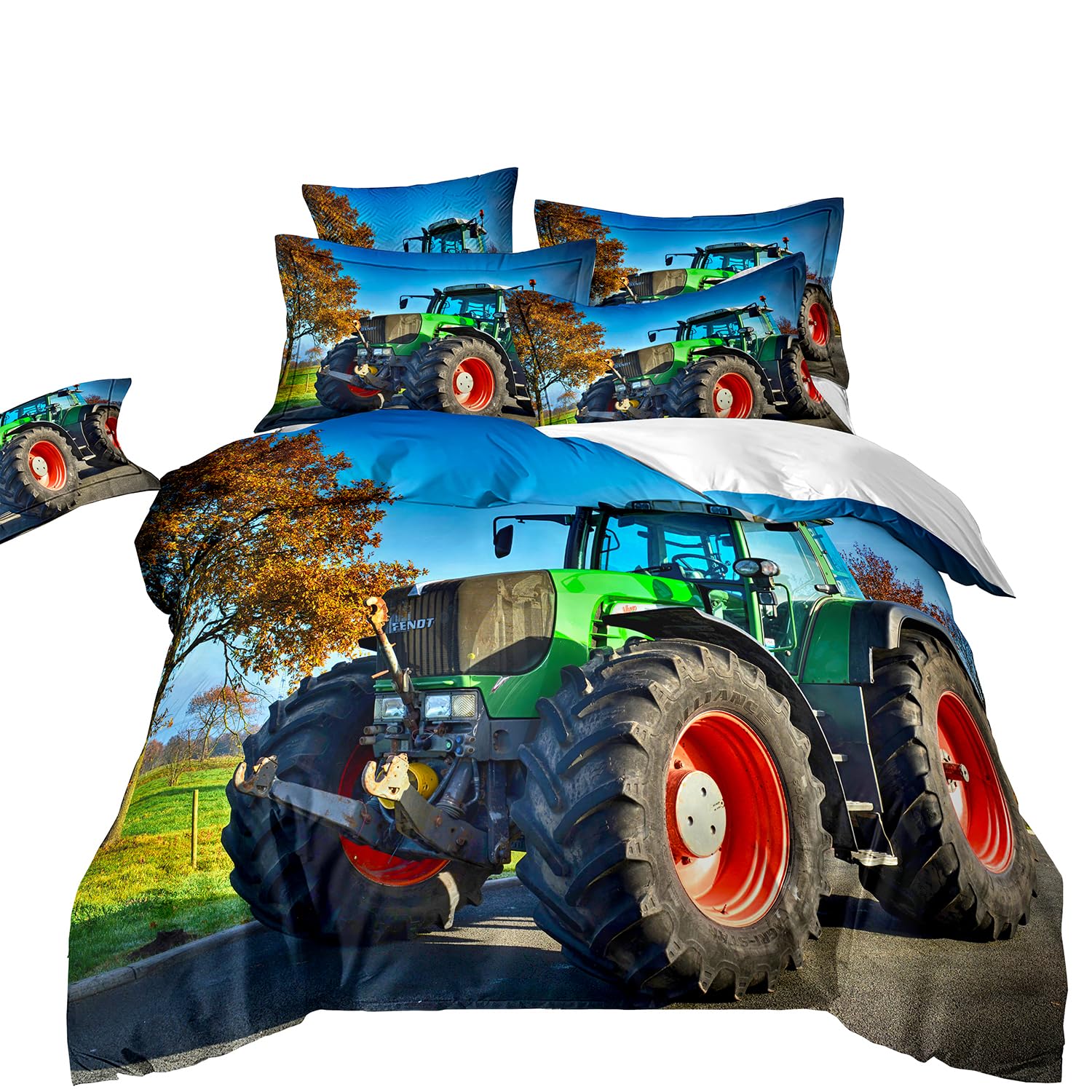 ZZTBQ Tractors Super King Bed Duvet Cover and Pillow Cases Set Tractors Vehicles Truck Car Red Blue Green Cars Super King Bedding for Boys and Girls 260 x 220 cm