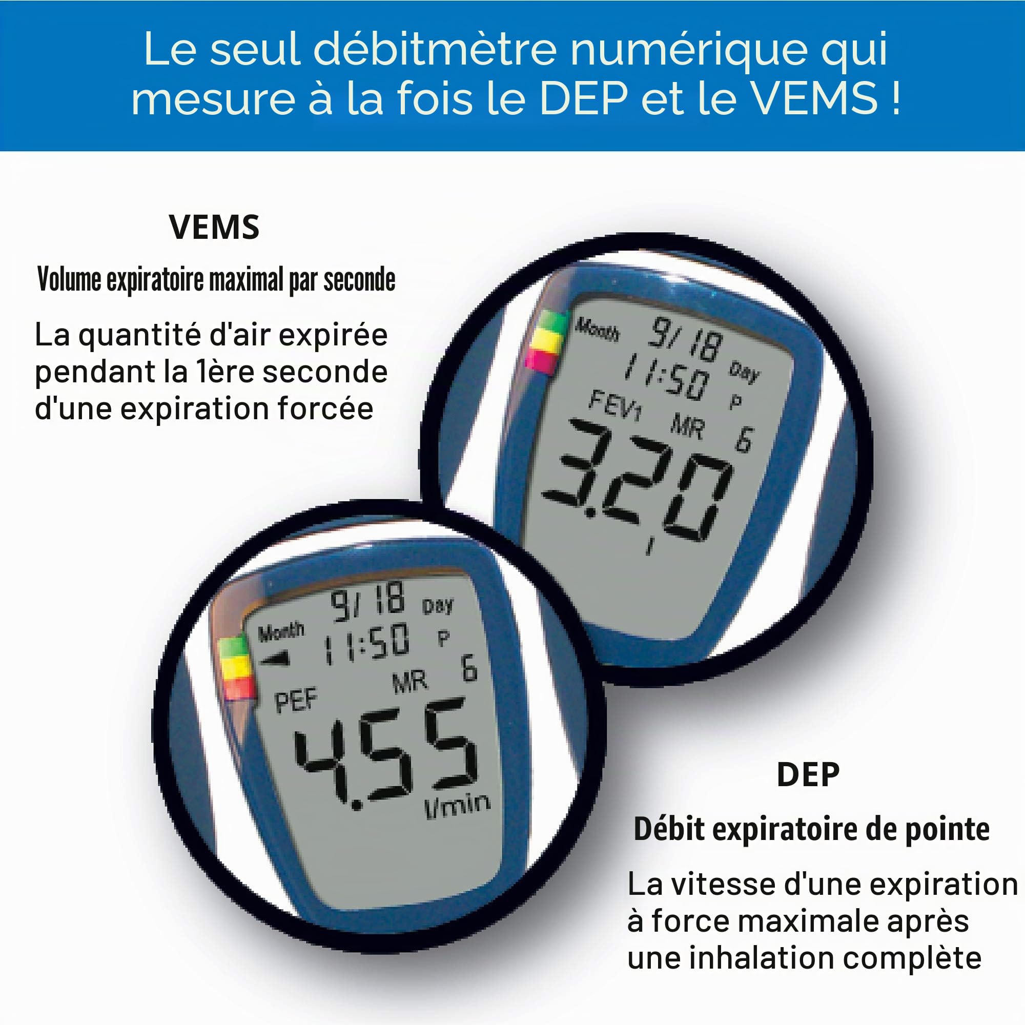 Microlife PF100 Débitmètre Connecté, Mesure DEP/VEMS, Adulte/Enfant, Connexion USB PC, 240 Mémoires