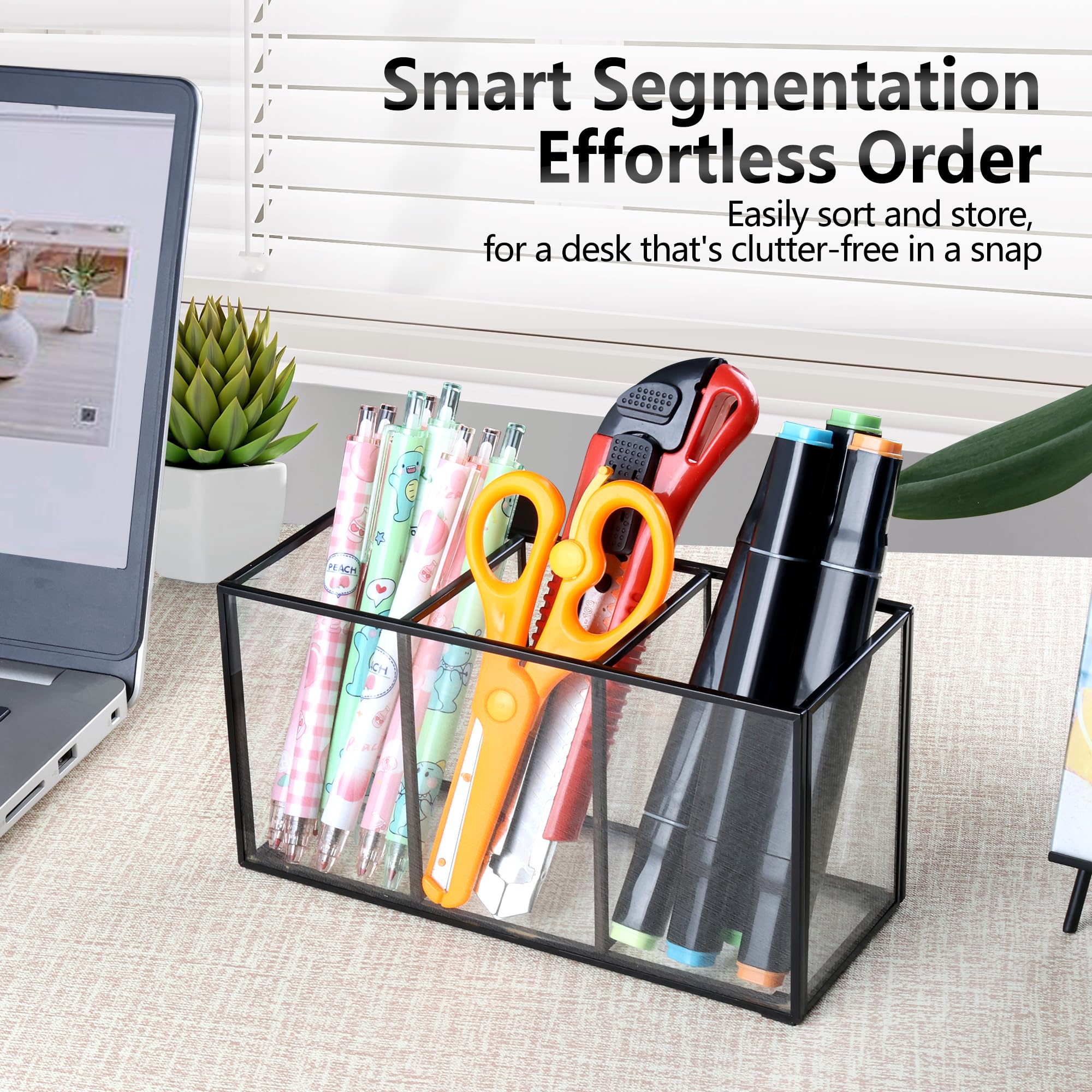 Tempered Glass Pen Holder - 3 Compartment Desktop Organizer For Office & School Supplies