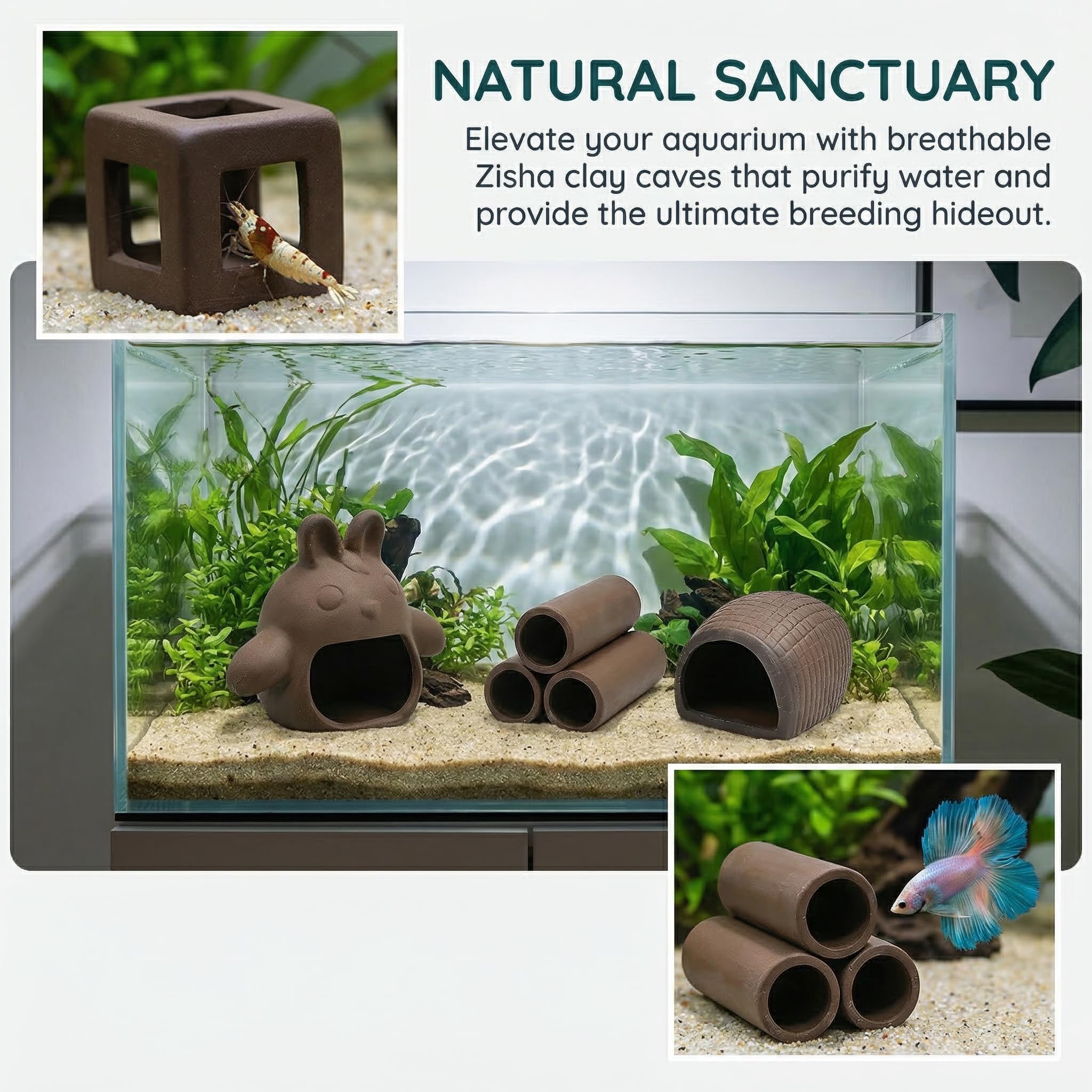 Lot De 5 Caches Et Grotte Aquarium en Argile Violette Décoration Naturelle Poisson-Chat Abri en Céramique Forme Torii Rouleau De Terre Petit Cube Cachette Aquarium