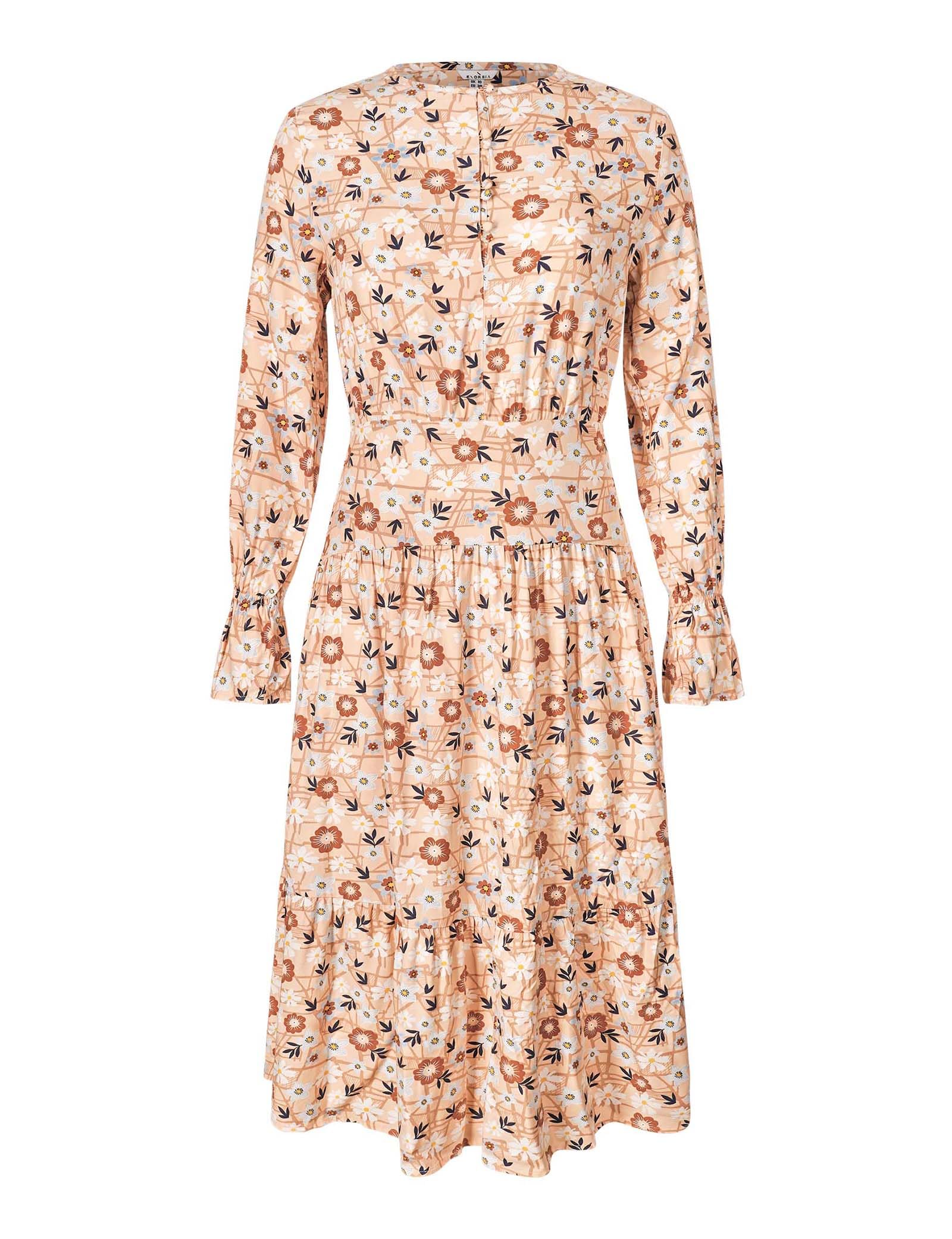 Vestido midi de viscosa de manga larga para mujer con estampado floral, elegante cuello de botón, cremallera lateral discreta y diseño escalonado para un estilo sin esfuerzo