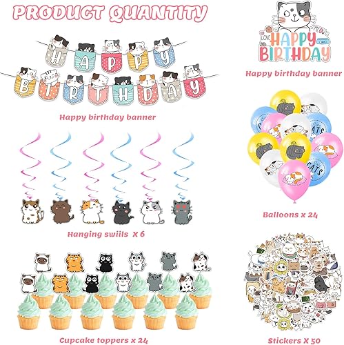Miniatura 3 de Zhanmai 106 piezas de suministros de fiesta de cumpleaños con temática de gato, incluyen una bonita pancarta de feliz cumpleaños, remolinos