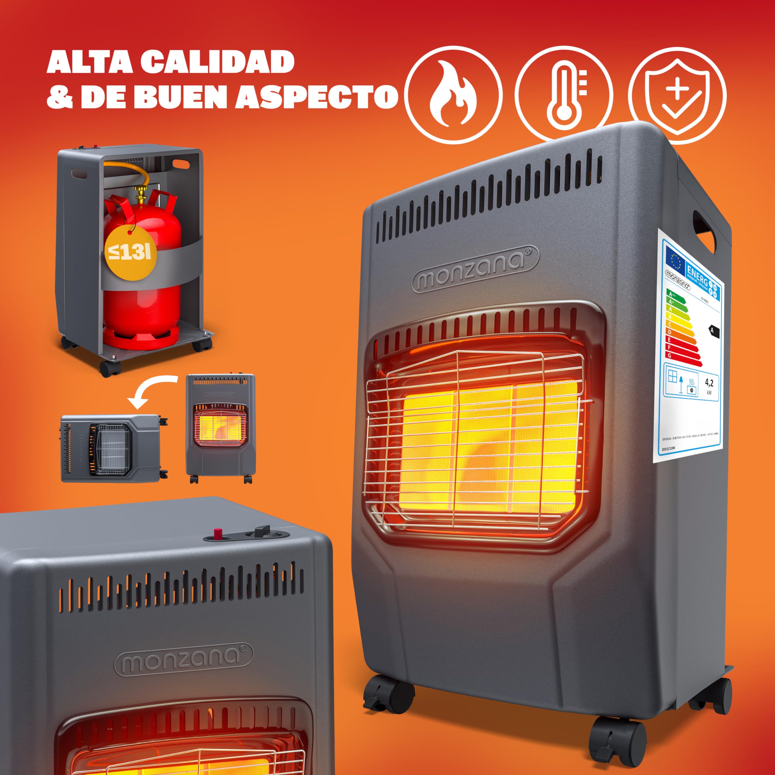 MONZANA® Calefactor de Gas 4200W Estufa Cerámica Regulador de Presión Bajo Consumo Camping Chimenea Móvil