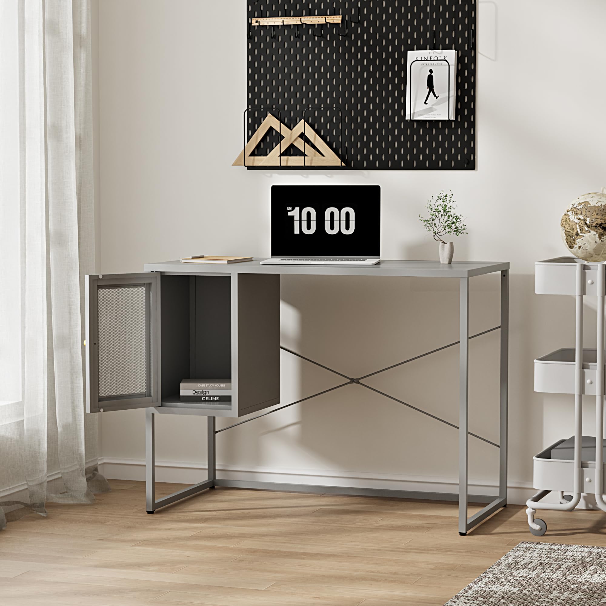 [en.casa] Scrivania in Acciaio con Scomparto Sospeso Chiuso con Anta Traforata Tavolo da Ufficio Studio Officina Postazione di Lavoro 75 x 100 x 50 cm Grigio