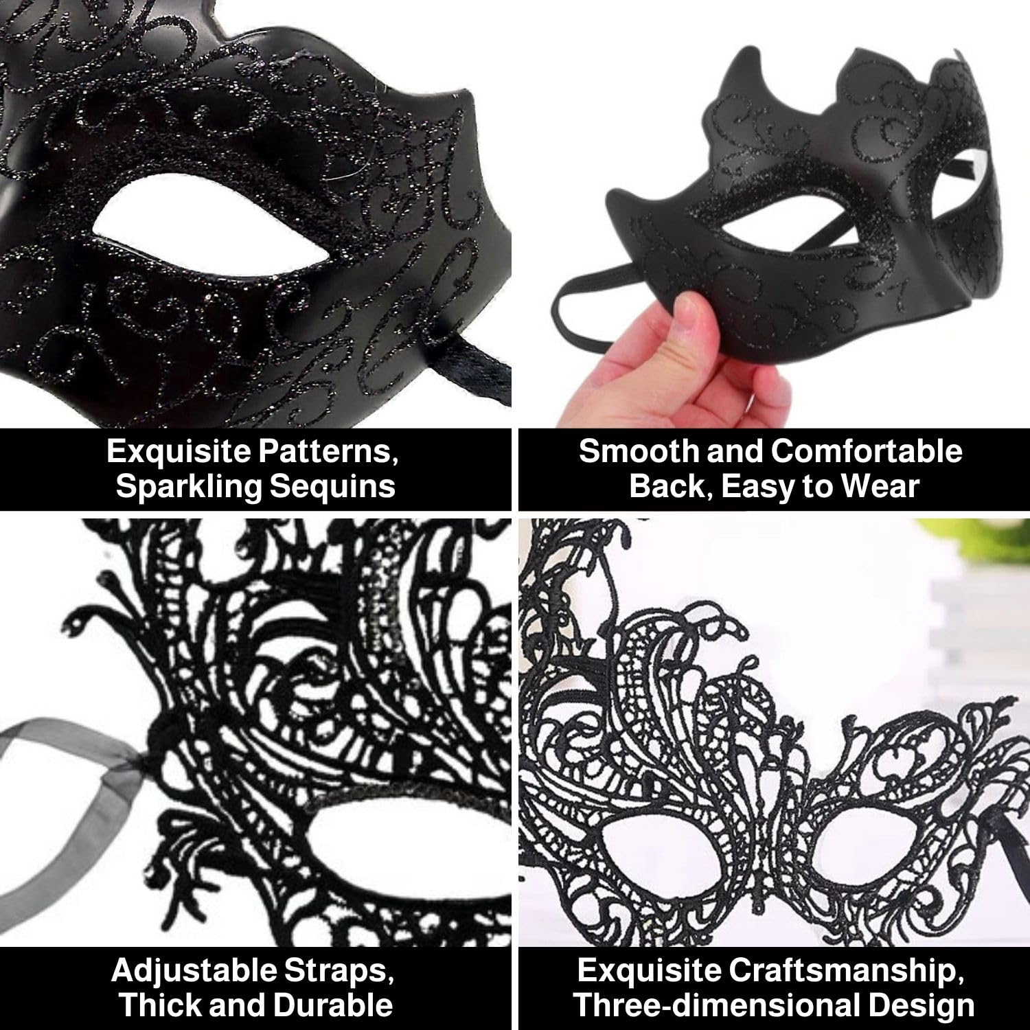 Issimober 2 Pcs Masquerade Masks for Couples Black Masquerade Mask for Women Men Masquerade Ball Masks for Party Carnival, Halloween - Image 3
