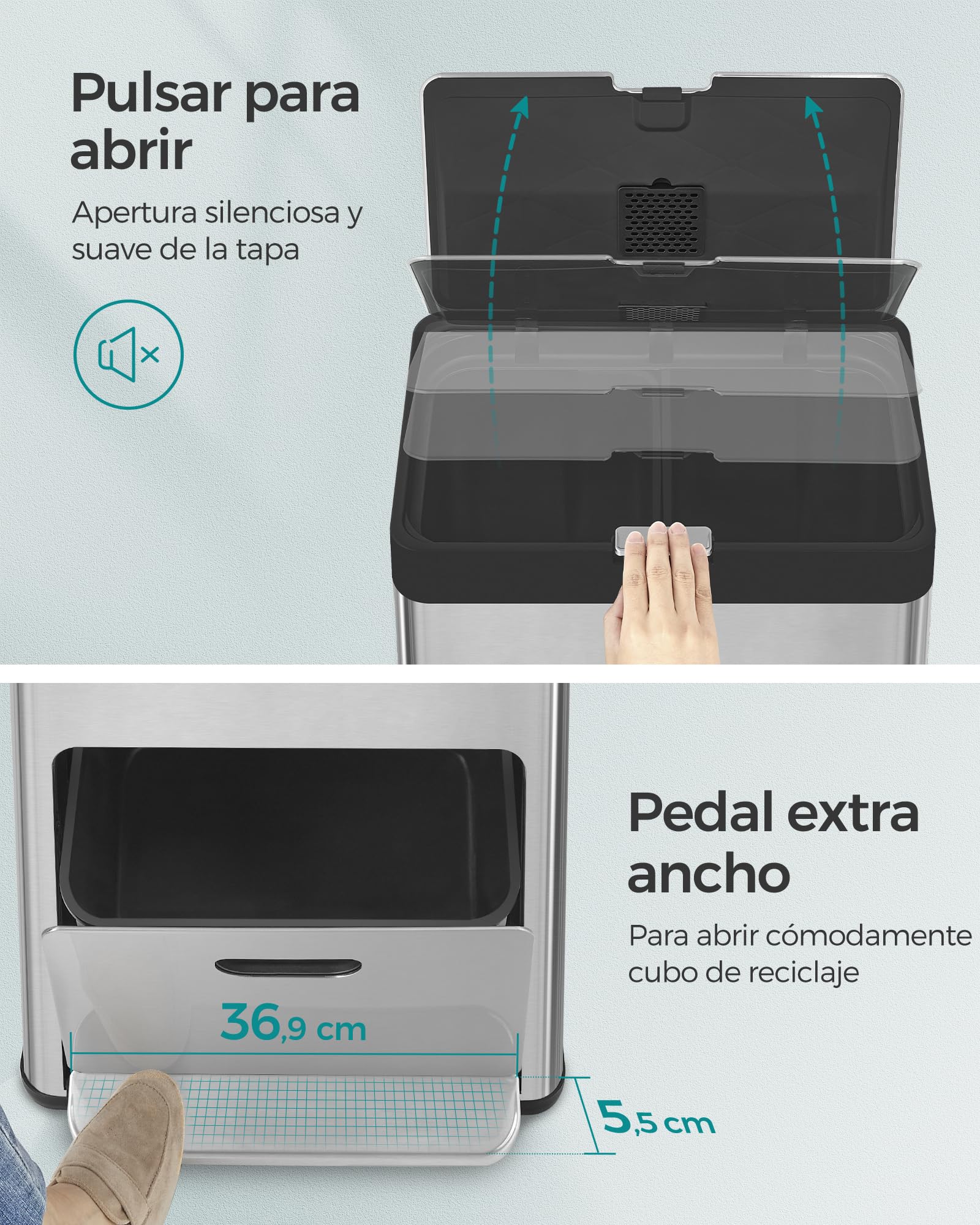 SONGMICS Papelera de Cocina, Cubo de Basura, Volumen de 2 x 17 L y 26 L, 3 Compartimentos para Basura General, Restos de Comida y Reciclaje, Filtro de Carbón, Pedal Ancho, Plata LTB550E60