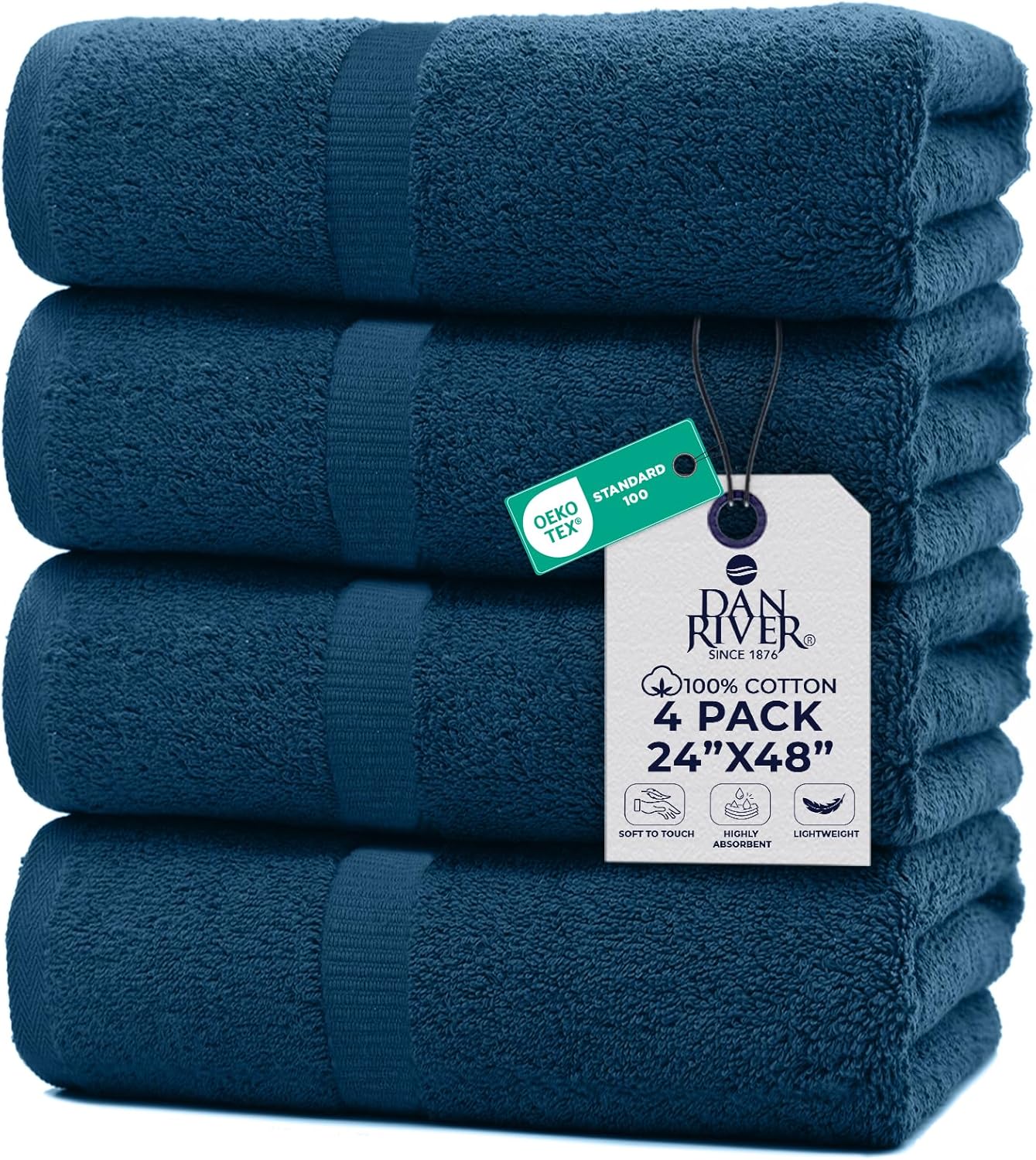 DAN RIVER 4 Pack Cotton Bath Towels – 24x48 Inches, Lightweight, Super Absorbent, Quick Drying, Soft & Durable Thick Body Towels for Home, Gym and Spa, Blue Opal